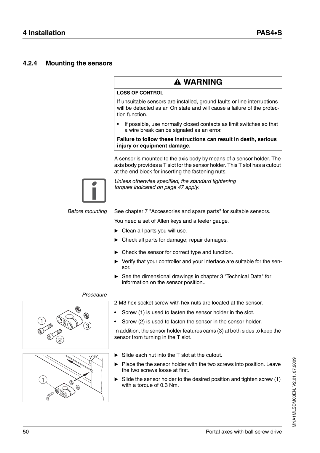 Schneider Electric PAS4S manual Mounting the sensors, Loss of Control 