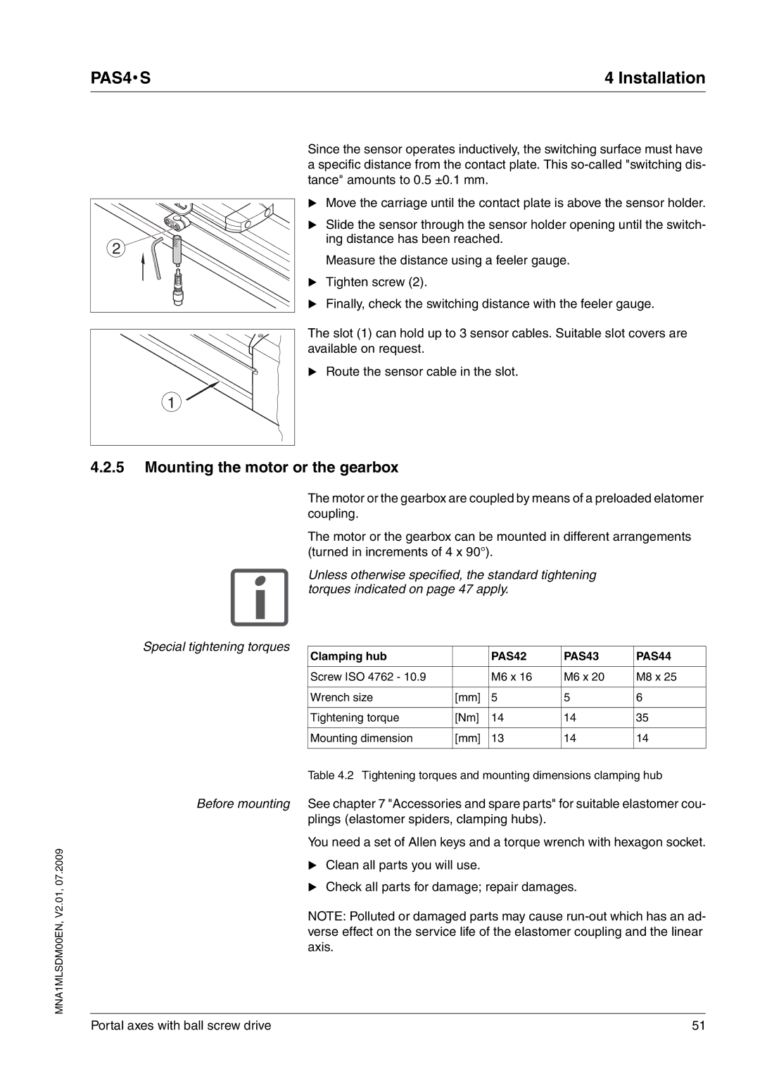 Schneider Electric PAS4S manual Mounting the motor or the gearbox, PAS42 PAS43 PAS44 