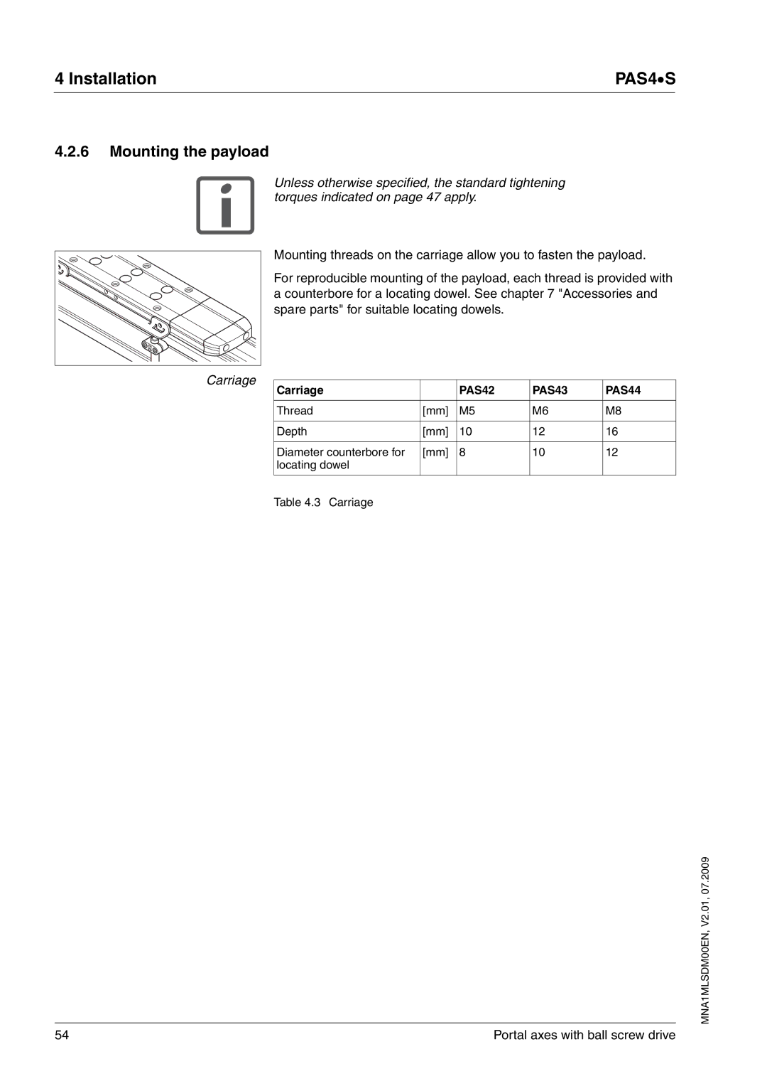 Schneider Electric PAS4S manual Mounting the payload, PAS42 PAS43 PAS44 