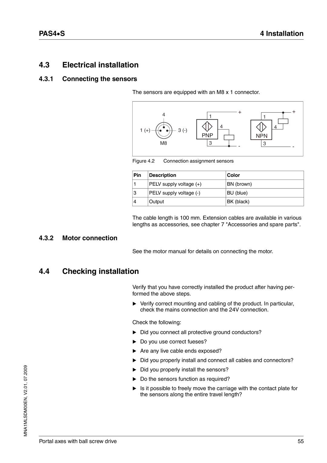 Schneider Electric PAS4S manual Electrical installation, Checking installation, Connecting the sensors, Motor connection 