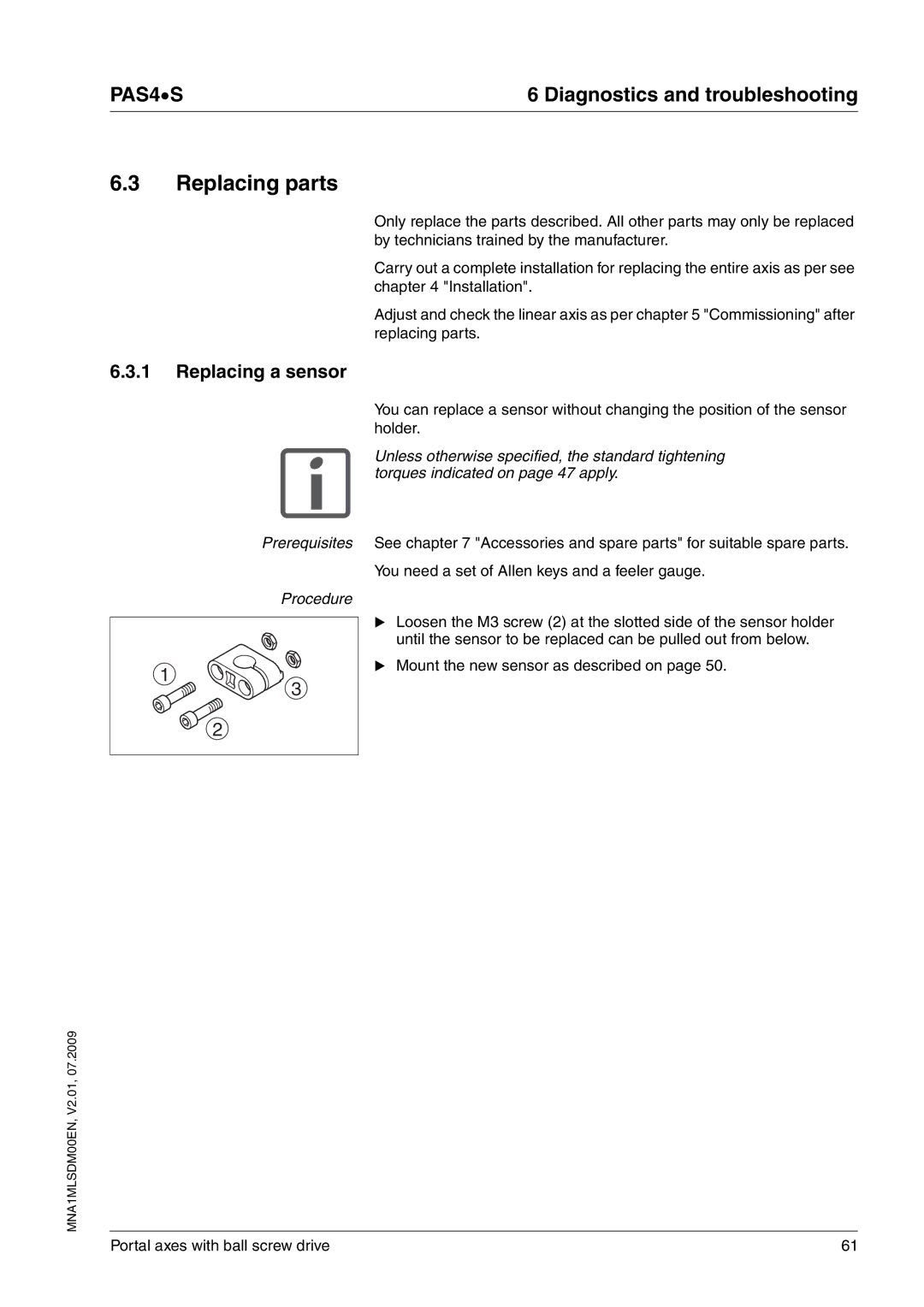 Schneider Electric PAS4S manual Replacing parts, Replacing a sensor 