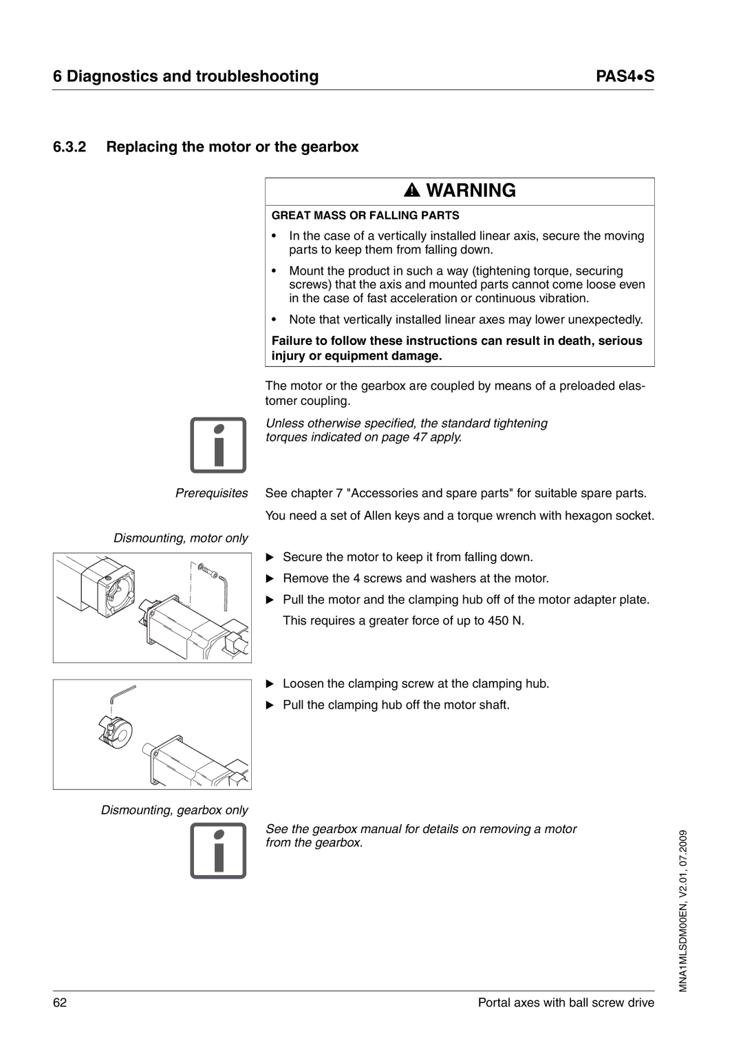 Schneider Electric PAS4S manual Prerequisites Dismounting, motor only, Dismounting, gearbox only 