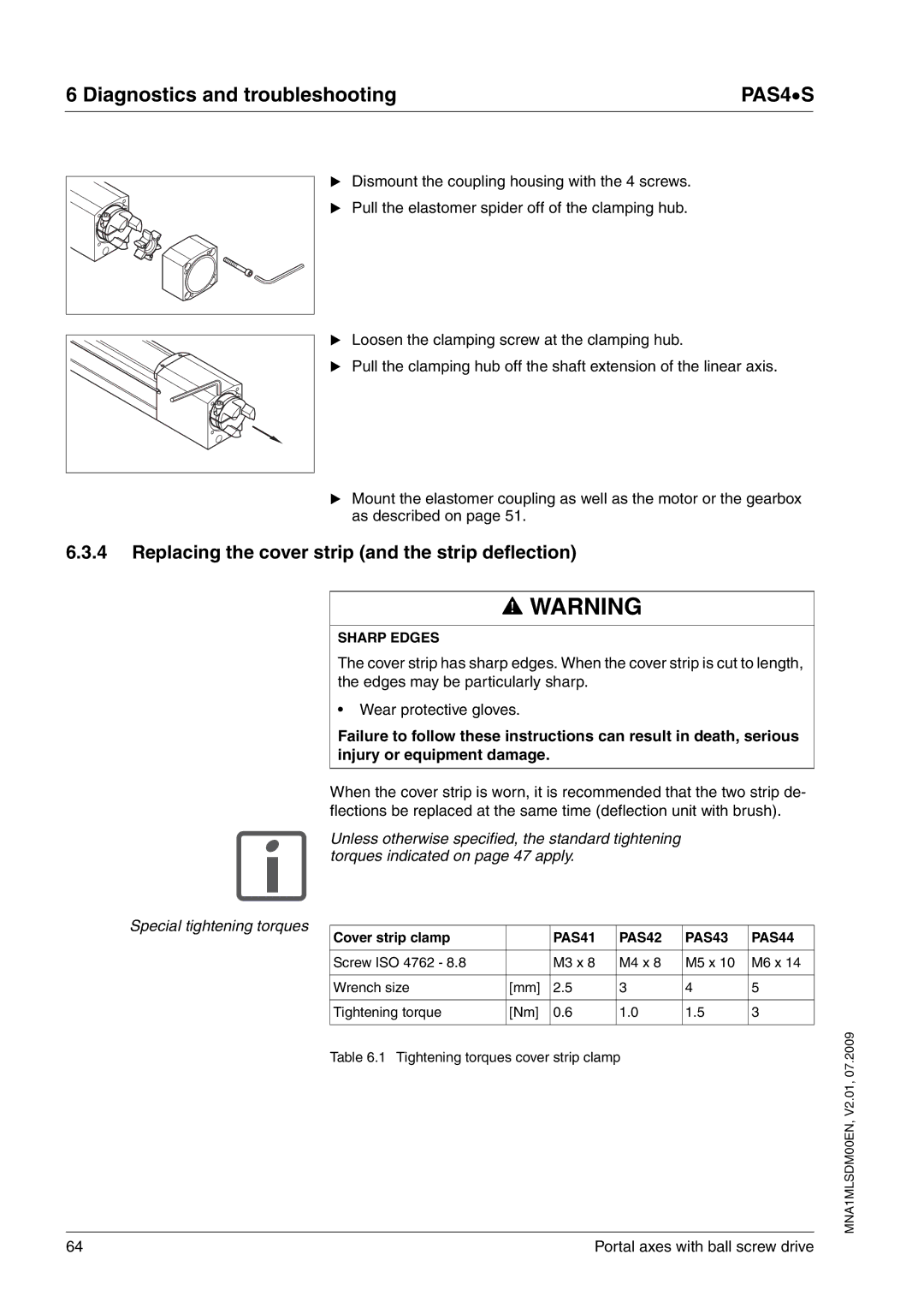 Schneider Electric PAS4S manual Replacing the cover strip and the strip deflection, Sharp Edges, PAS41 PAS42 PAS43 PAS44 