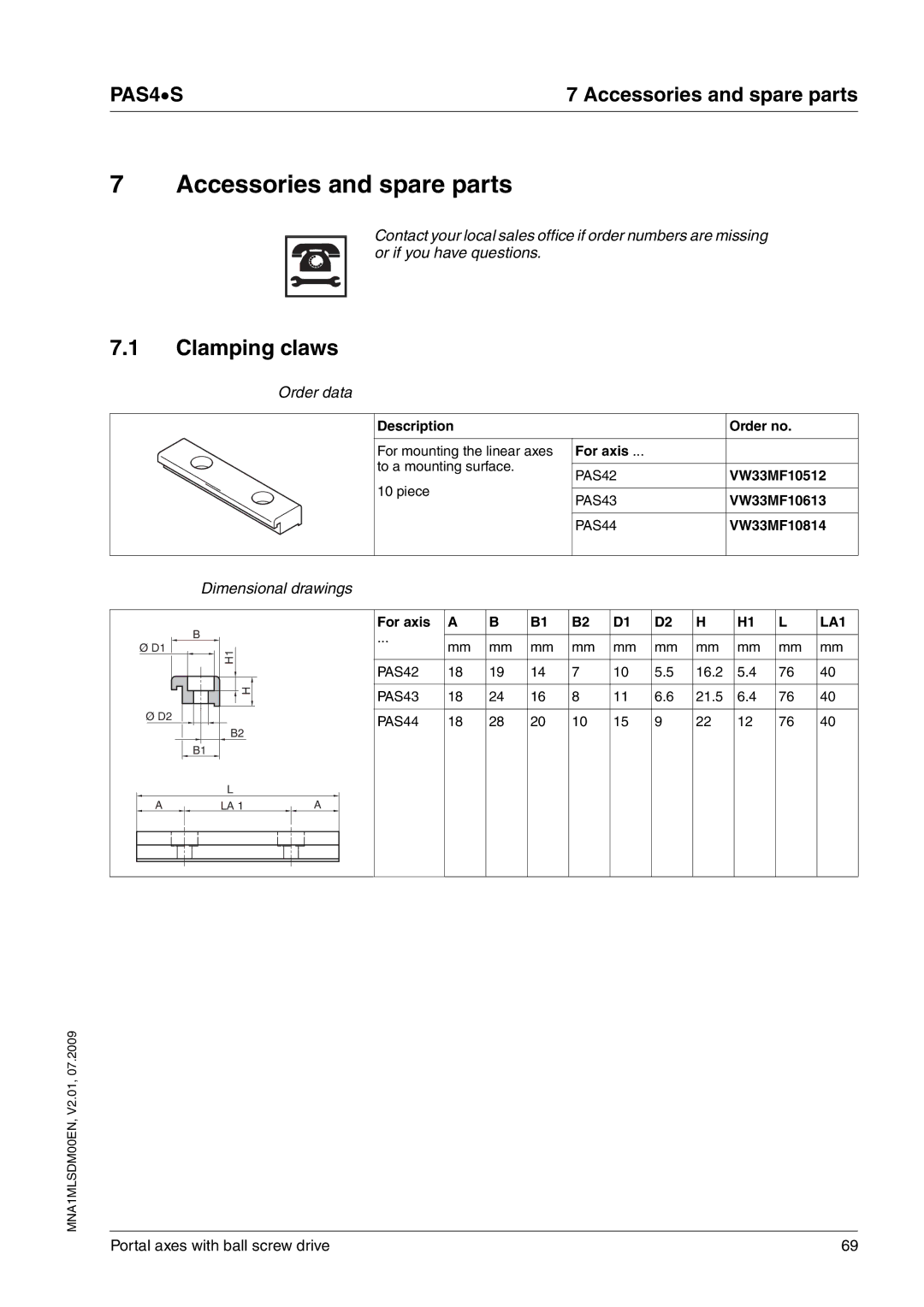 Schneider Electric PAS4S manual Accessories and spare parts, Clamping claws, Order data, Dimensional drawings, LA1 