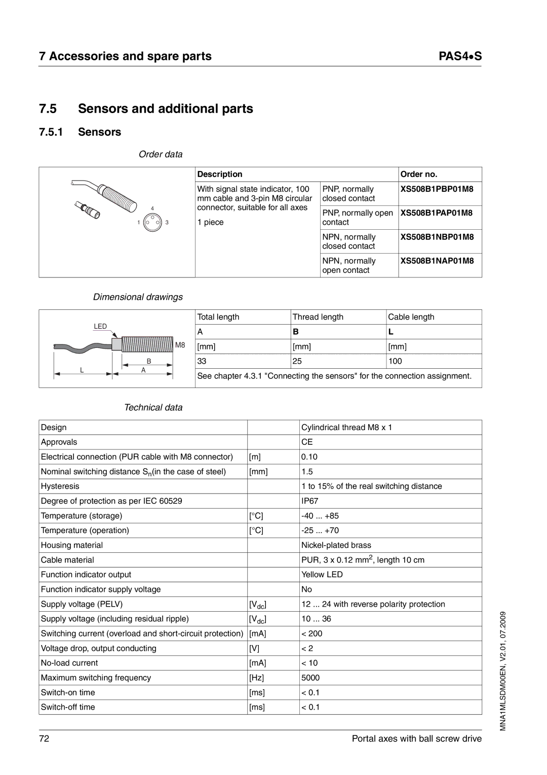 Schneider Electric PAS4S manual Sensors and additional parts, Technical data 