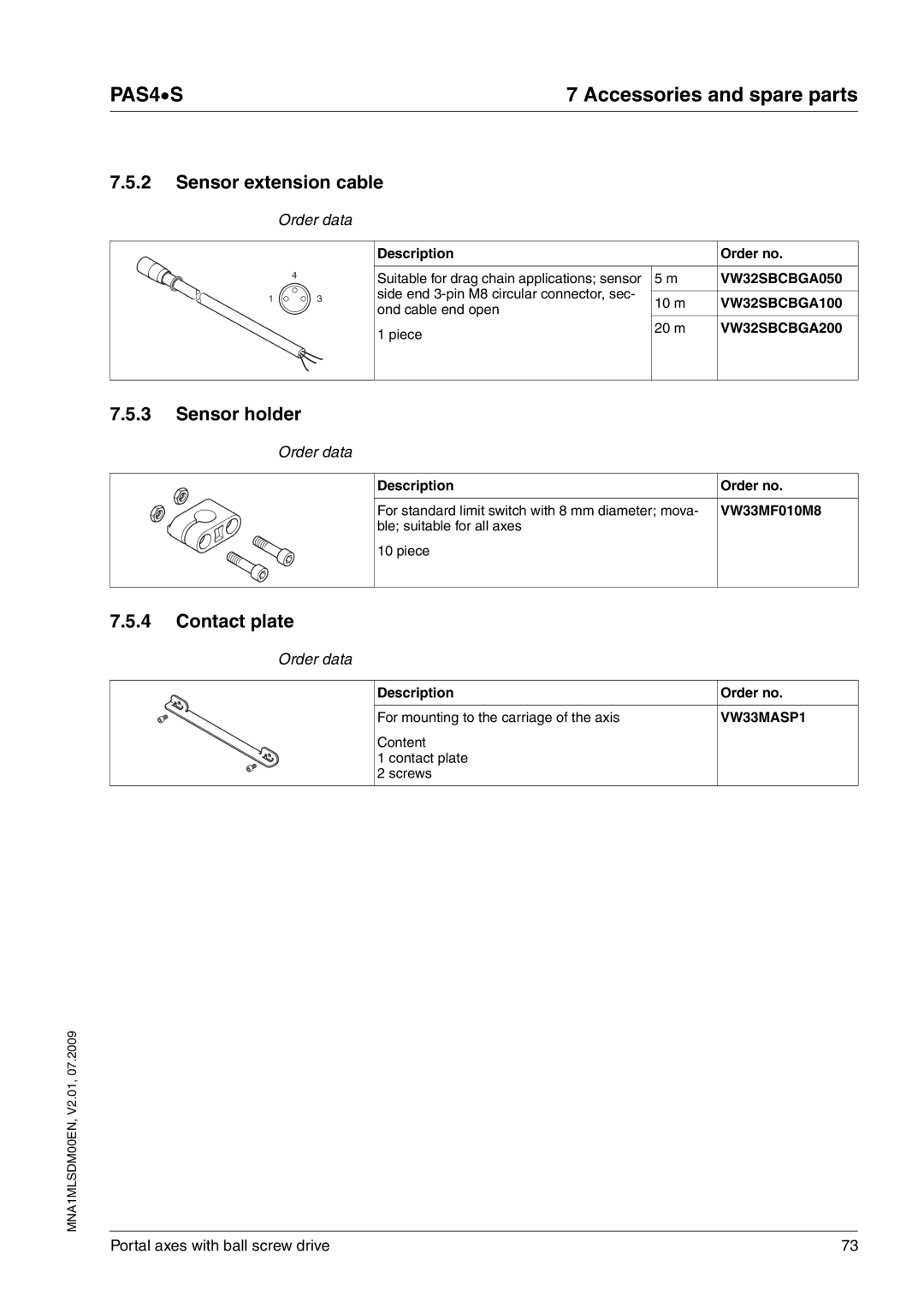 Schneider Electric PAS4S manual Sensor extension cable, Sensor holder, Contact plate 