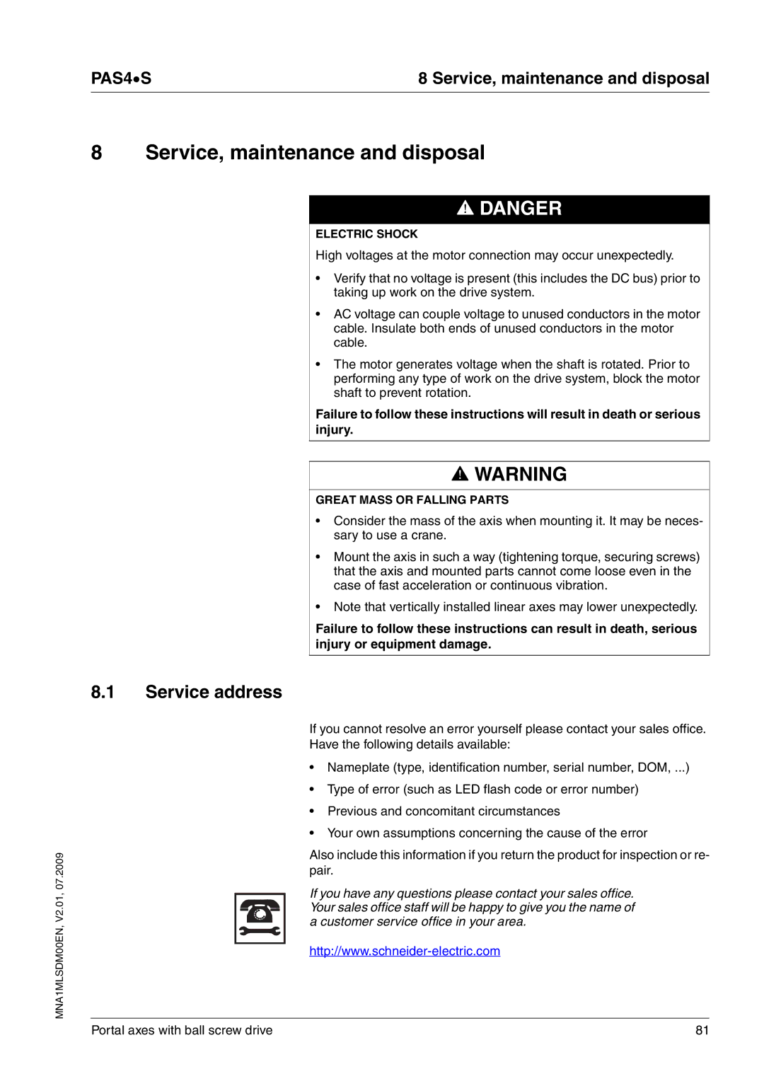 Schneider Electric PAS4S manual Service, maintenance and disposal, Service address, Electric Shock 