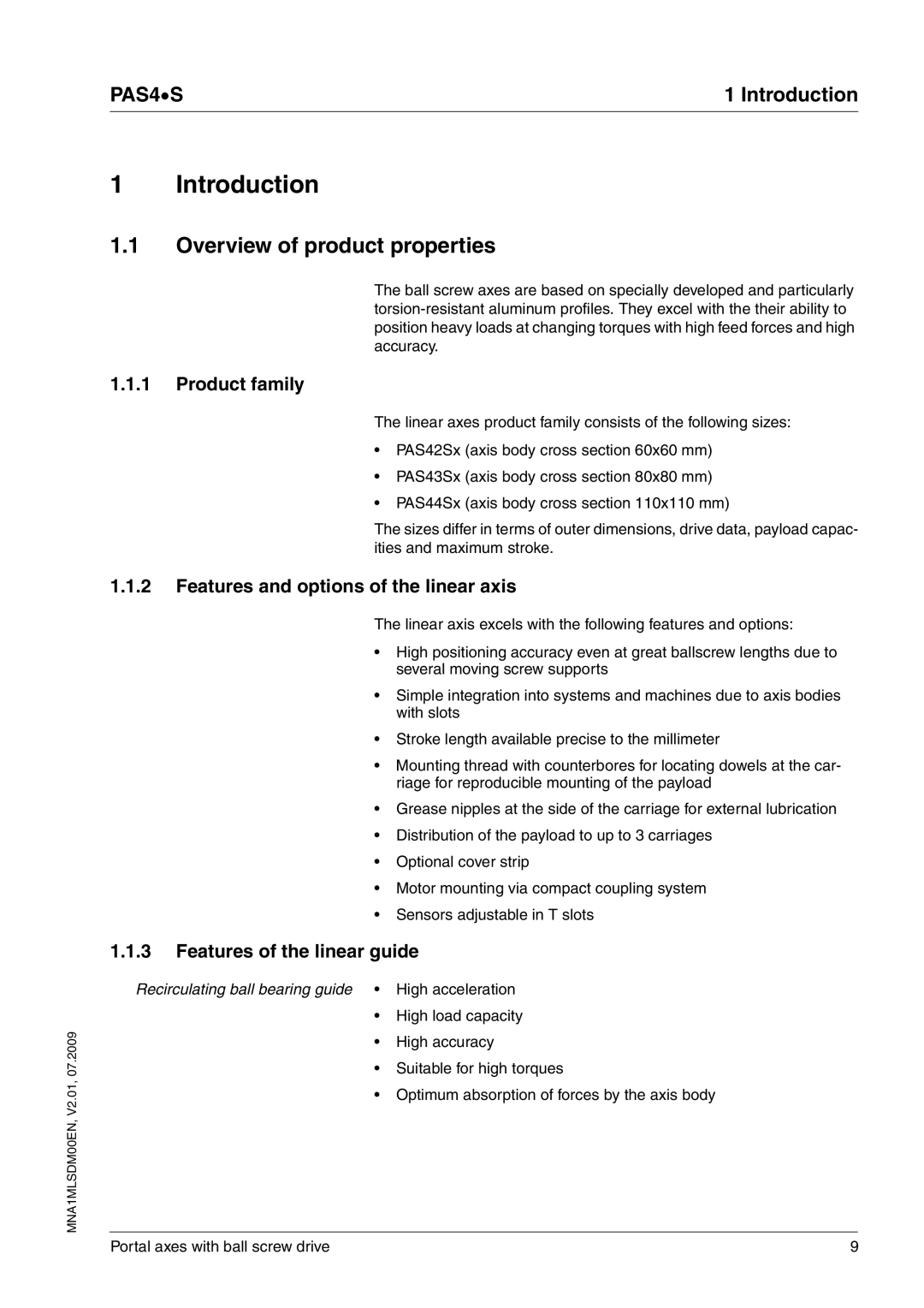 Schneider Electric PAS4S manual Introduction, Overview of product properties, Product family, Features of the linear guide 