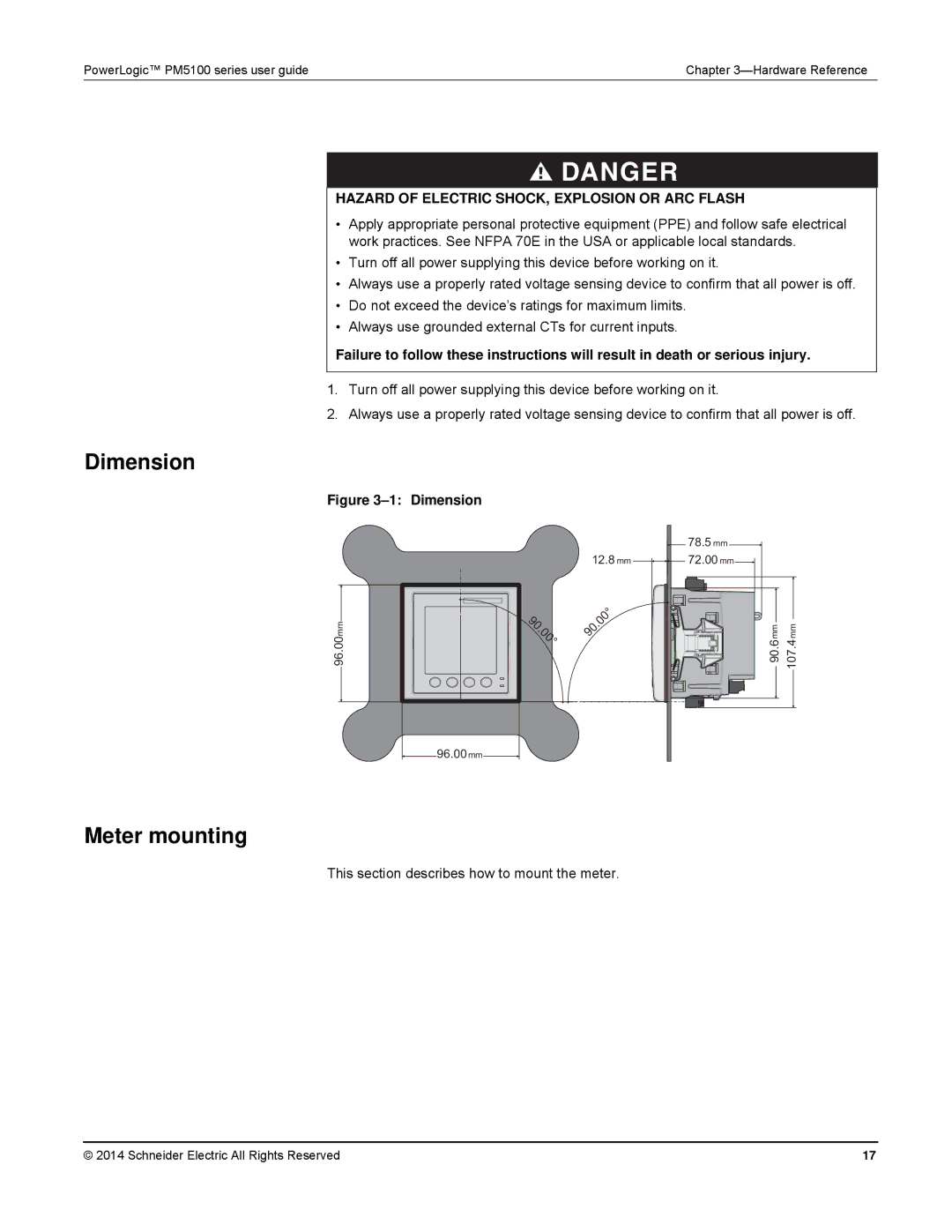 Schneider Electric PM5100 manual Dimension, Meter mounting 