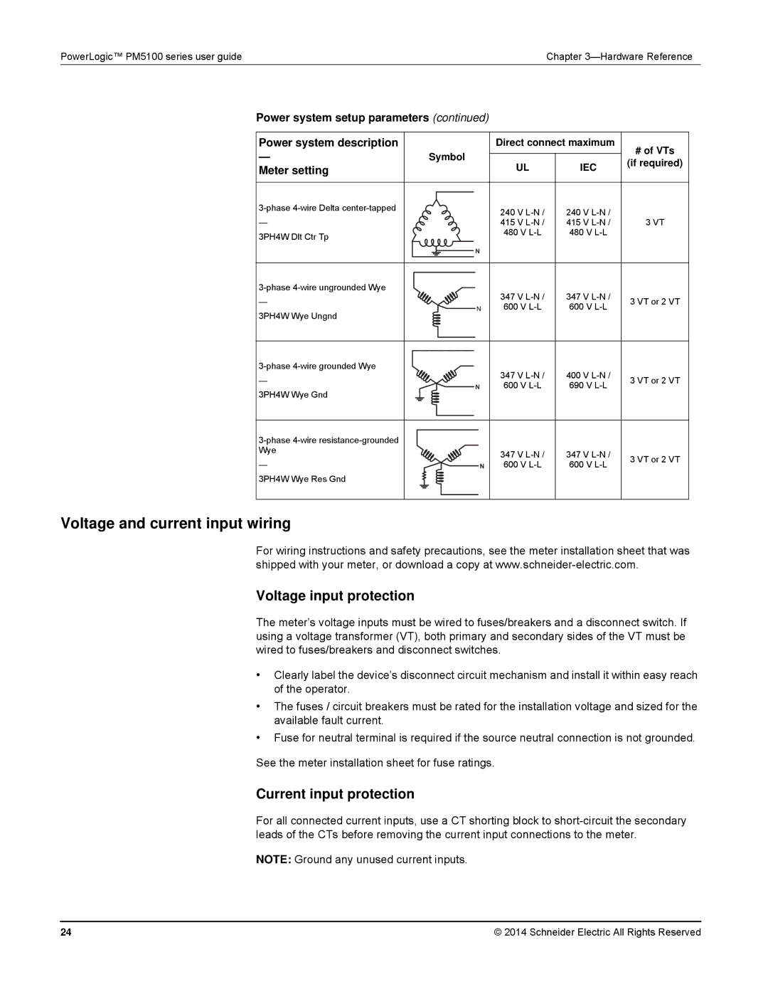 Schneider Electric PM5100 manual Voltage and current input wiring, Voltage input protection, Current input protection 