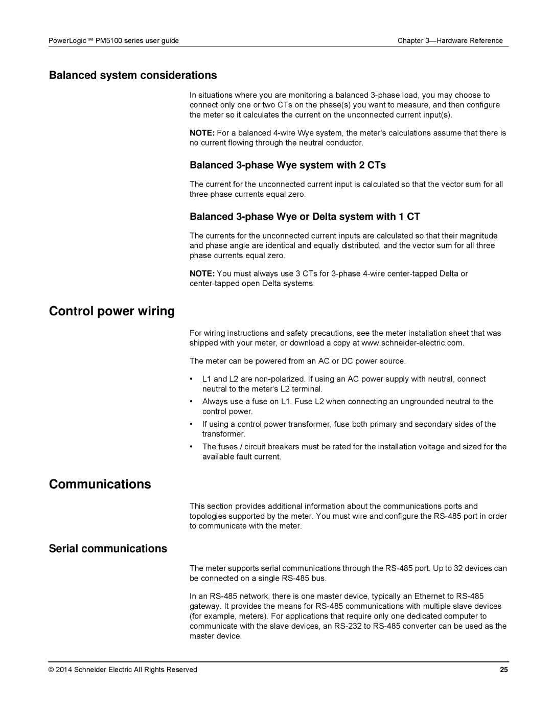 Schneider Electric PM5100 Control power wiring, Communications, Balanced system considerations, Serial communications 