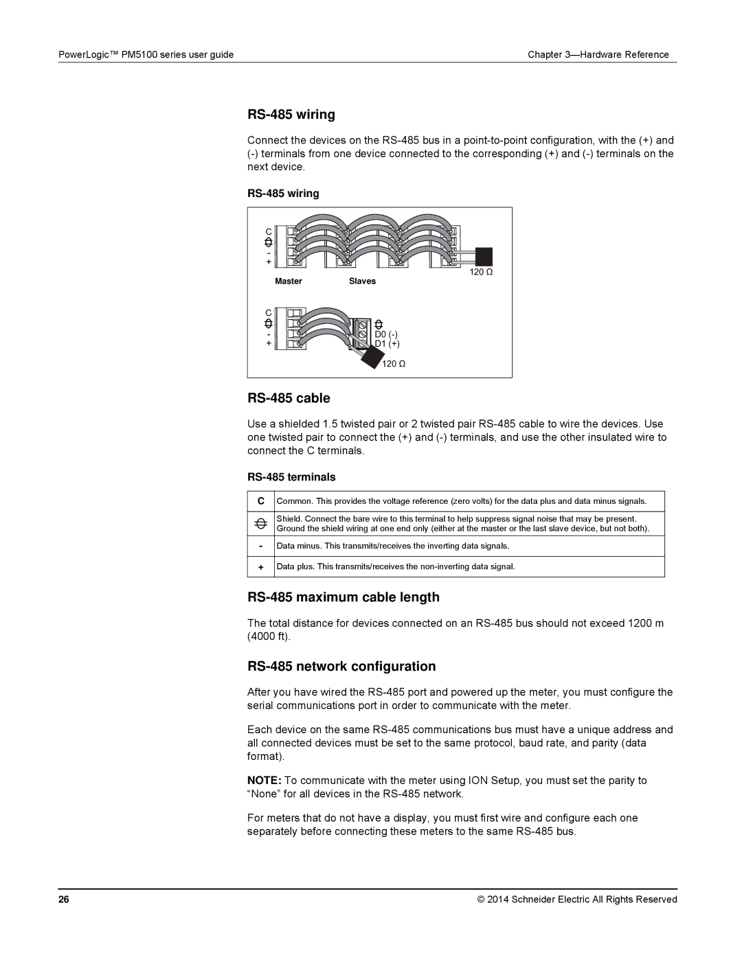 Schneider Electric PM5100 manual RS-485 wiring, RS-485 cable, RS-485 maximum cable length, RS-485 network configuration 