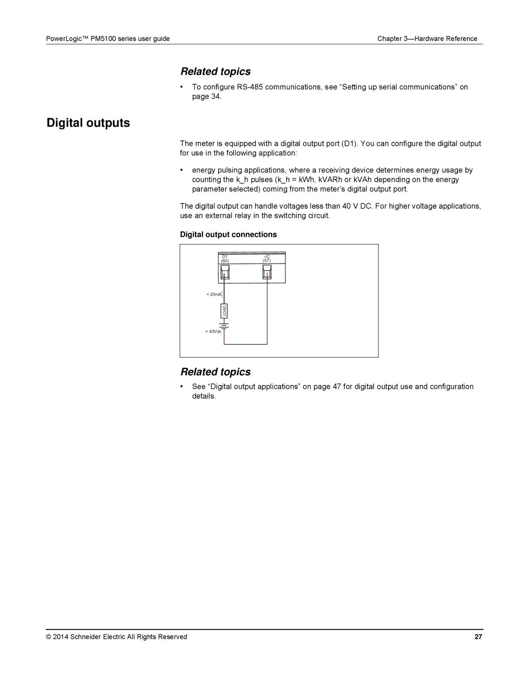 Schneider Electric PM5100 manual Digital outputs, Digital output connections 