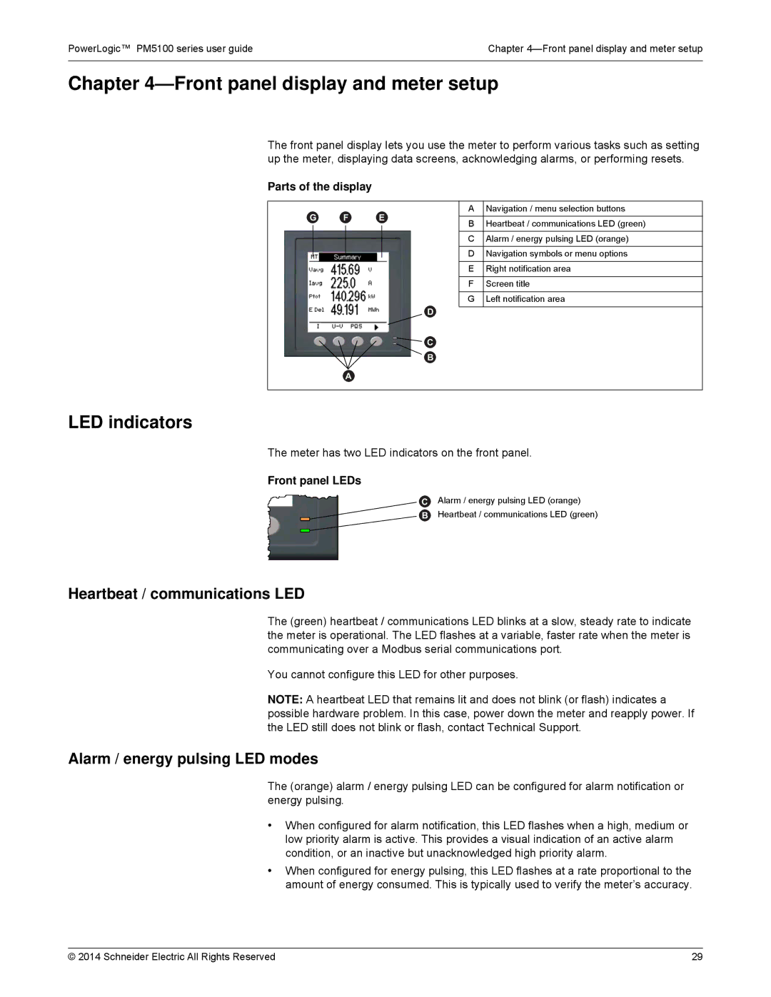 Schneider Electric PM5100 manual Front panel display and meter setup, LED indicators, Heartbeat / communications LED 