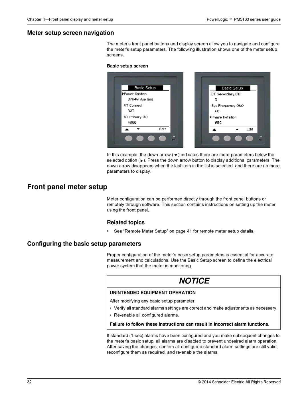 Schneider Electric PM5100 Front panel meter setup, Meter setup screen navigation, Configuring the basic setup parameters 