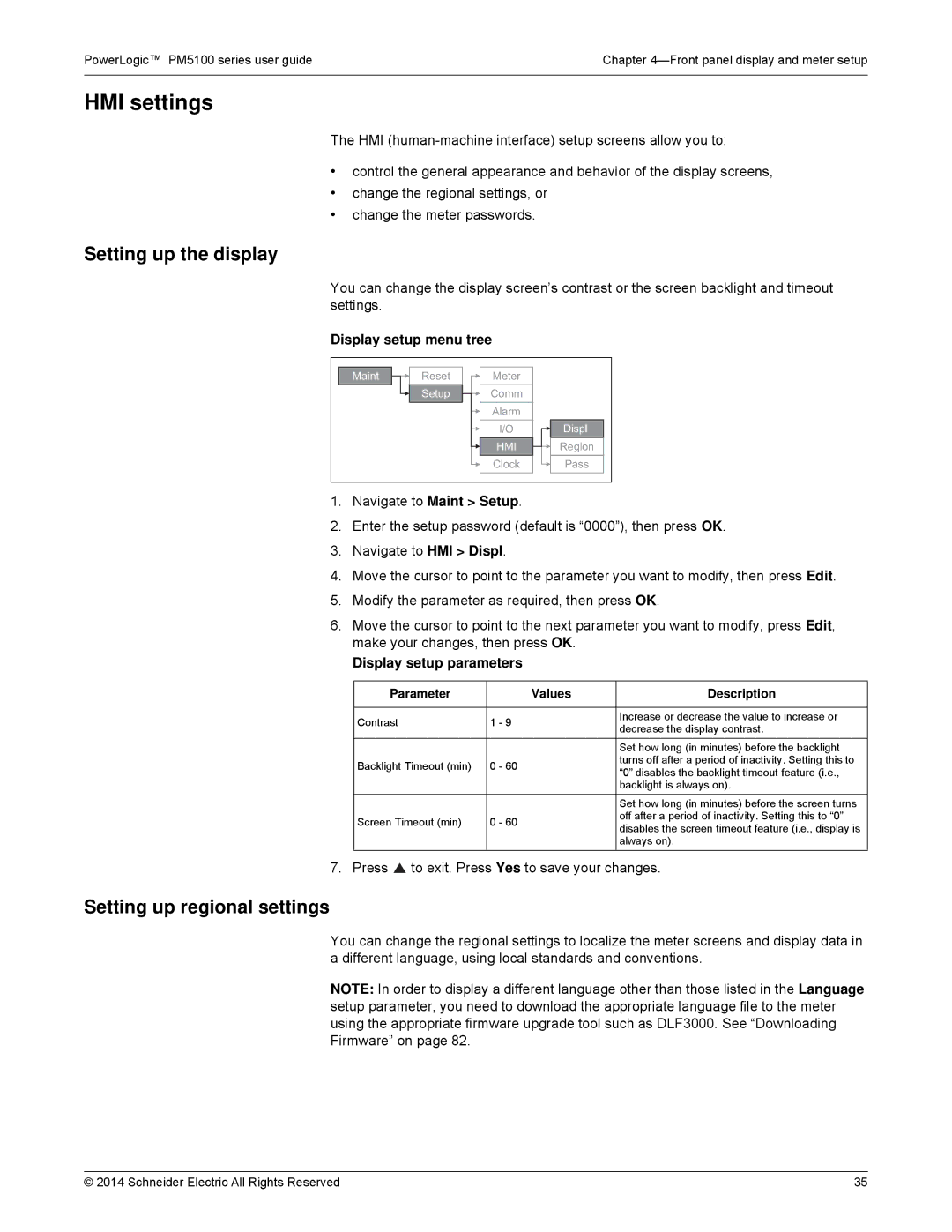 Schneider Electric PM5100 HMI settings, Setting up the display, Setting up regional settings, Display setup menu tree 