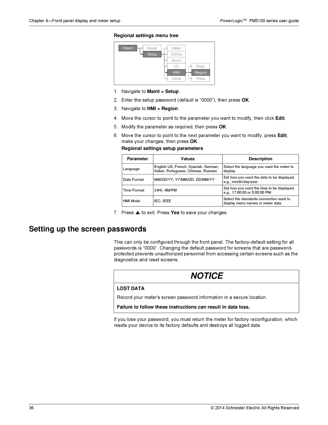 Schneider Electric PM5100 Setting up the screen passwords, Regional settings menu tree, Regional settings setup parameters 