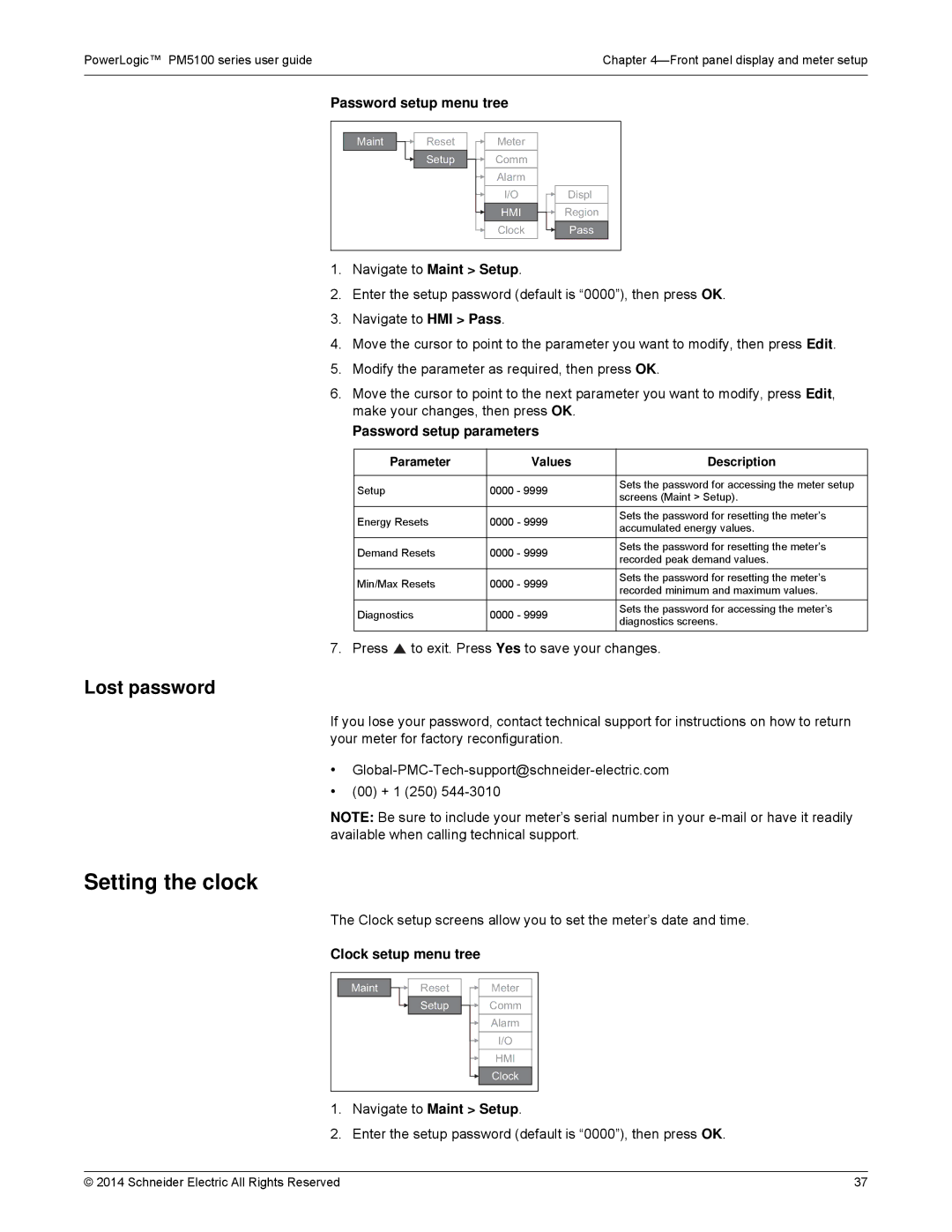 Schneider Electric PM5100 manual Setting the clock, Lost password, Password setup menu tree, Password setup parameters 