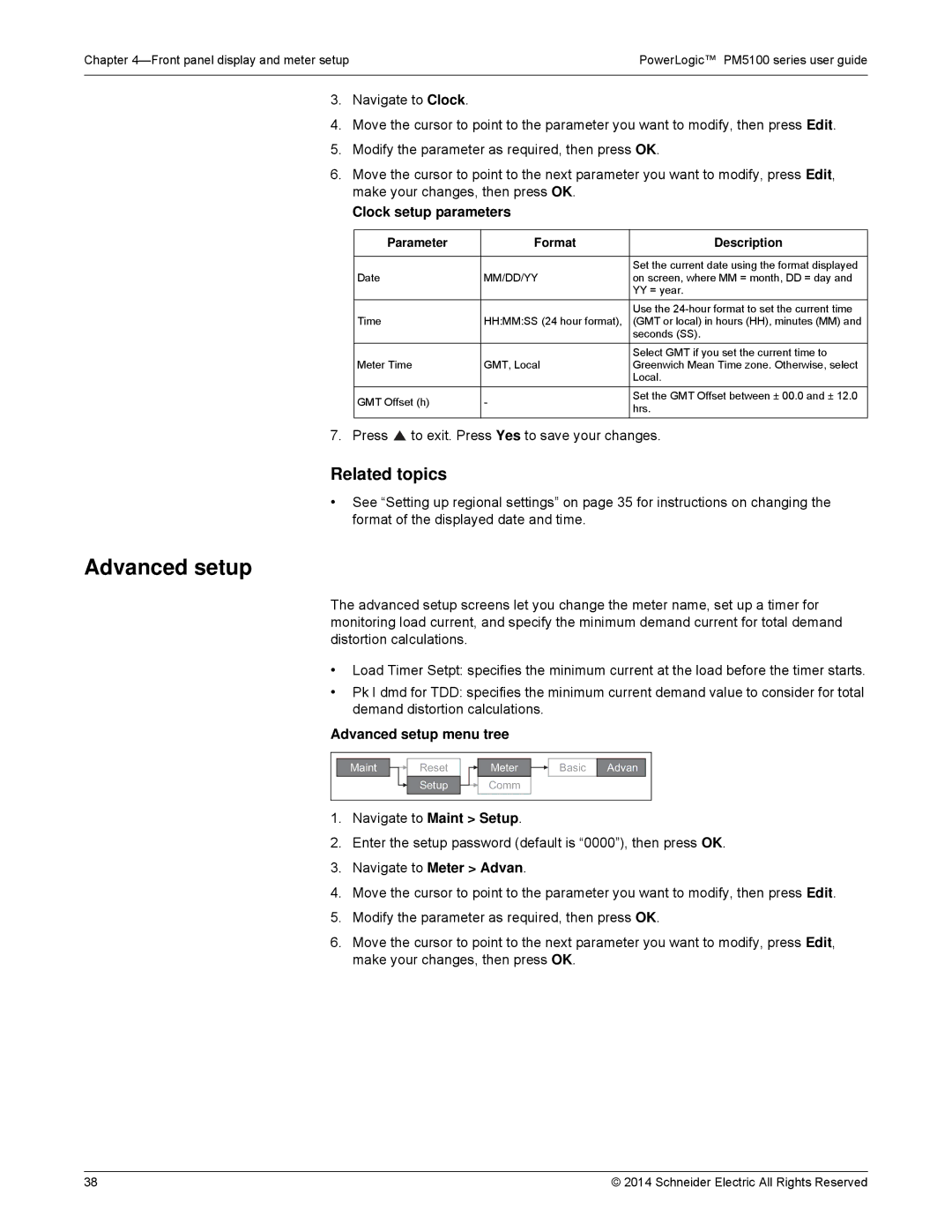 Schneider Electric PM5100 manual Clock setup parameters, Advanced setup menu tree, Parameter Format Description 