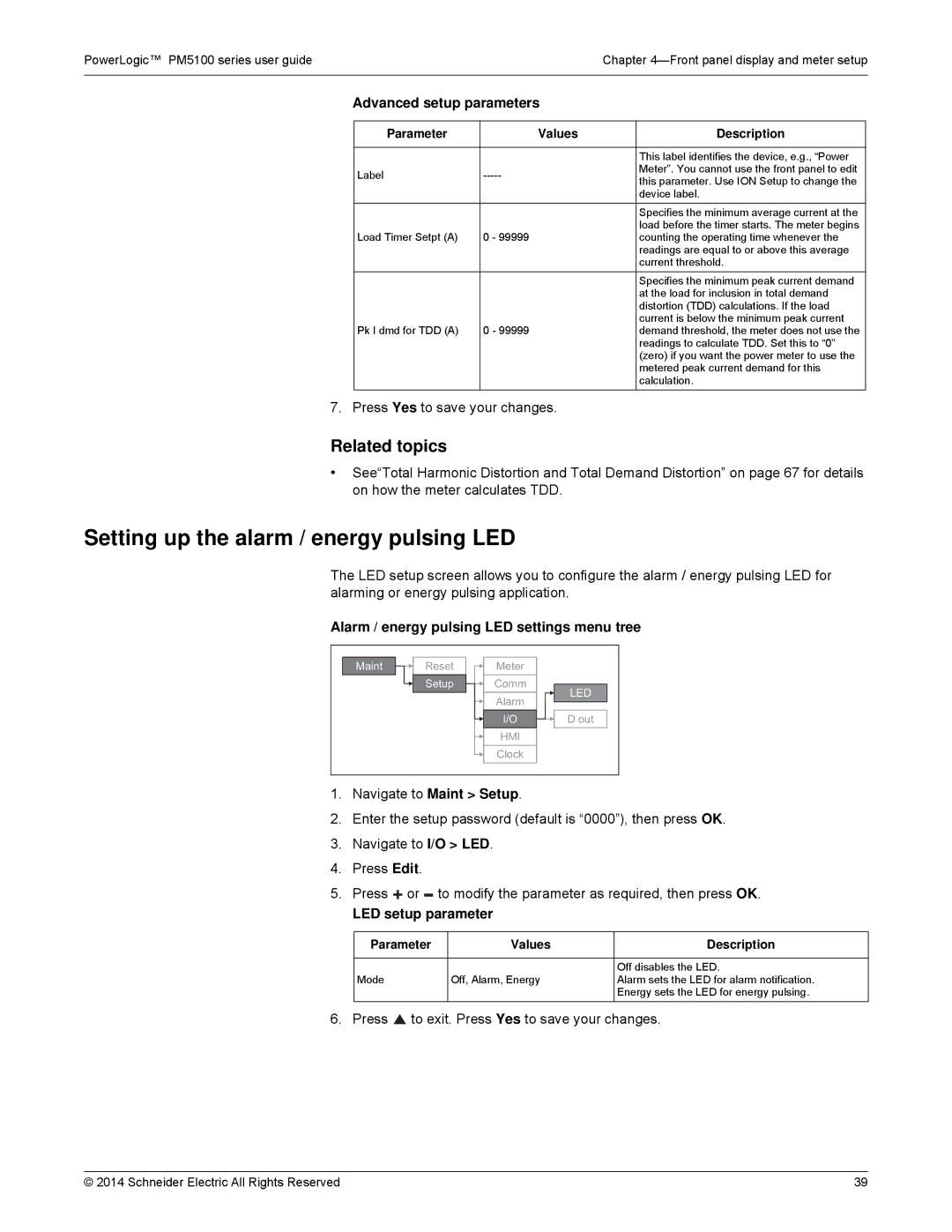 Schneider Electric PM5100 manual Setting up the alarm / energy pulsing LED, Advanced setup parameters, LED setup parameter 