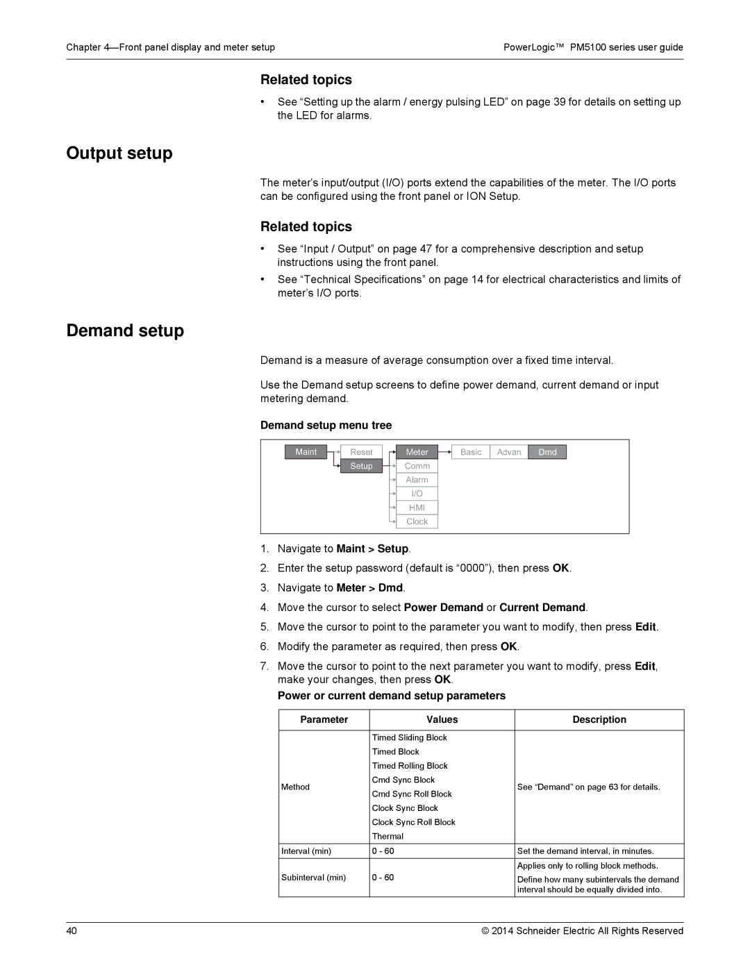 Schneider Electric PM5100 Output setup Demand setup, Demand setup menu tree, Power or current demand setup parameters 