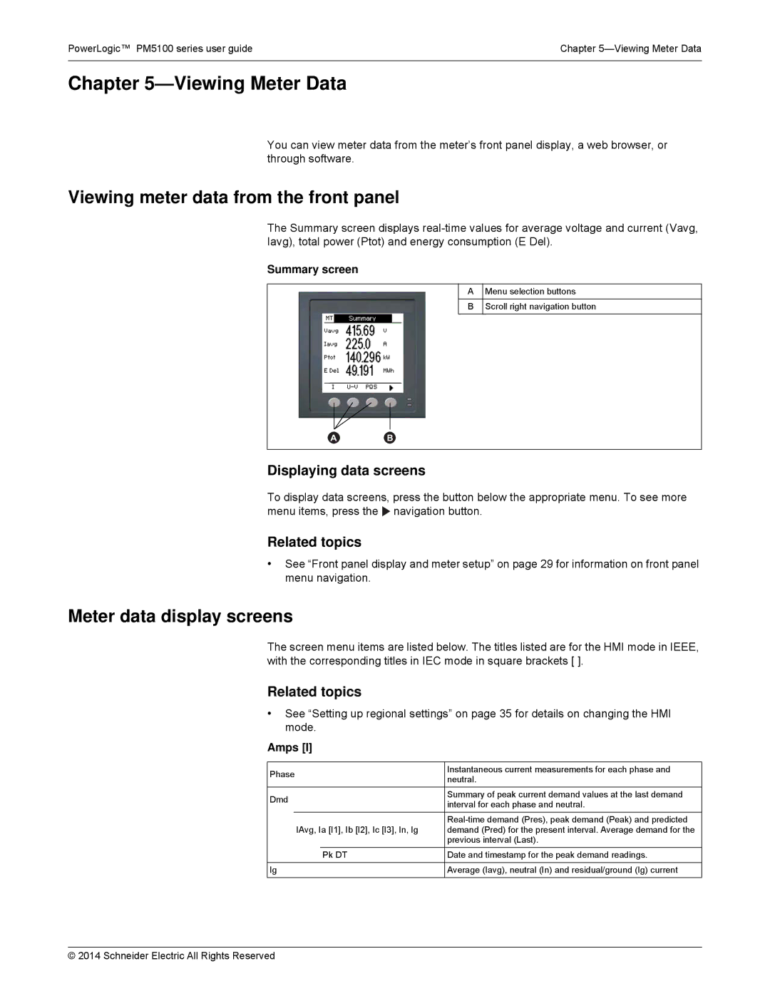 Schneider Electric PM5100 manual Viewing Meter Data, Viewing meter data from the front panel, Meter data display screens 