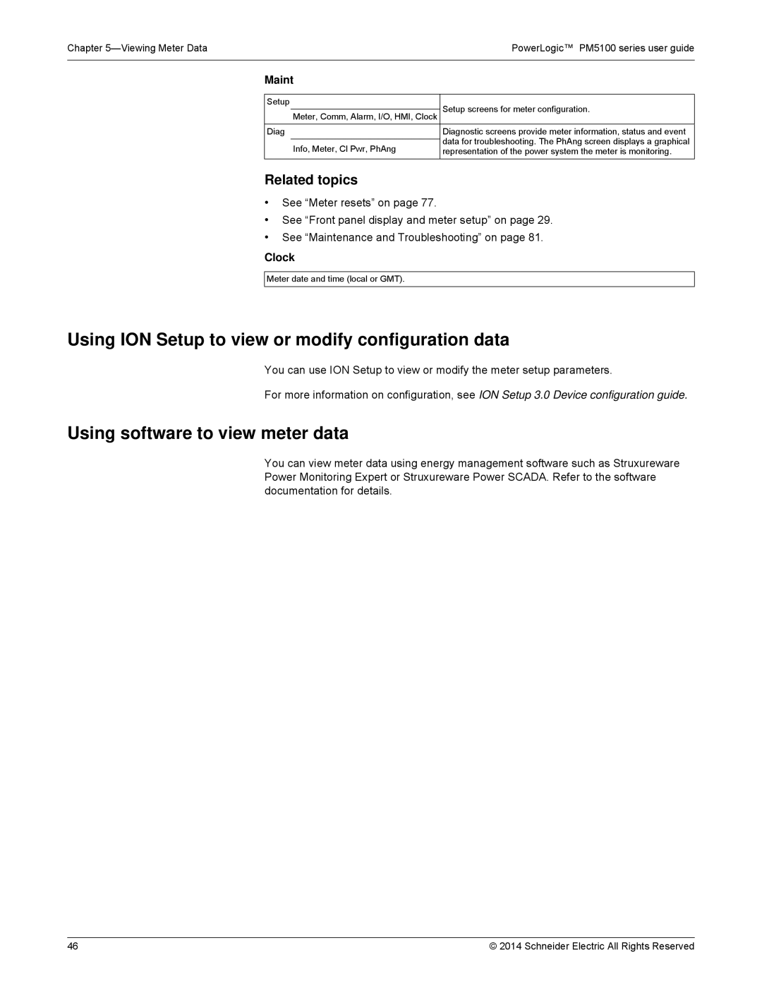 Schneider Electric PM5100 Using ION Setup to view or modify configuration data, Using software to view meter data, Clock 