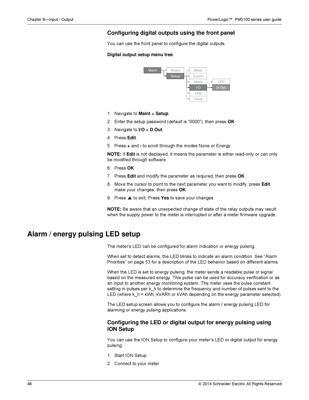 Schneider Electric PM5100 manual Alarm / energy pulsing LED setup, Configuring digital outputs using the front panel 