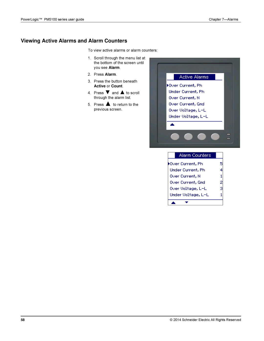 Schneider Electric PM5100 manual Viewing Active Alarms and Alarm Counters 