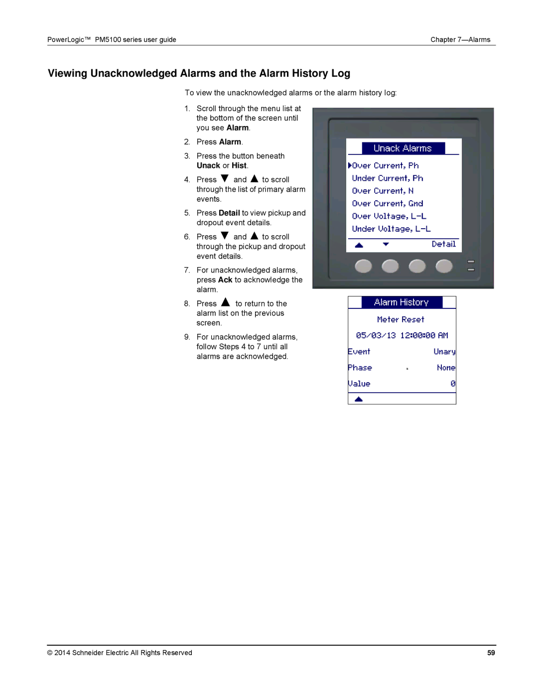 Schneider Electric PM5100 manual Viewing Unacknowledged Alarms and the Alarm History Log 