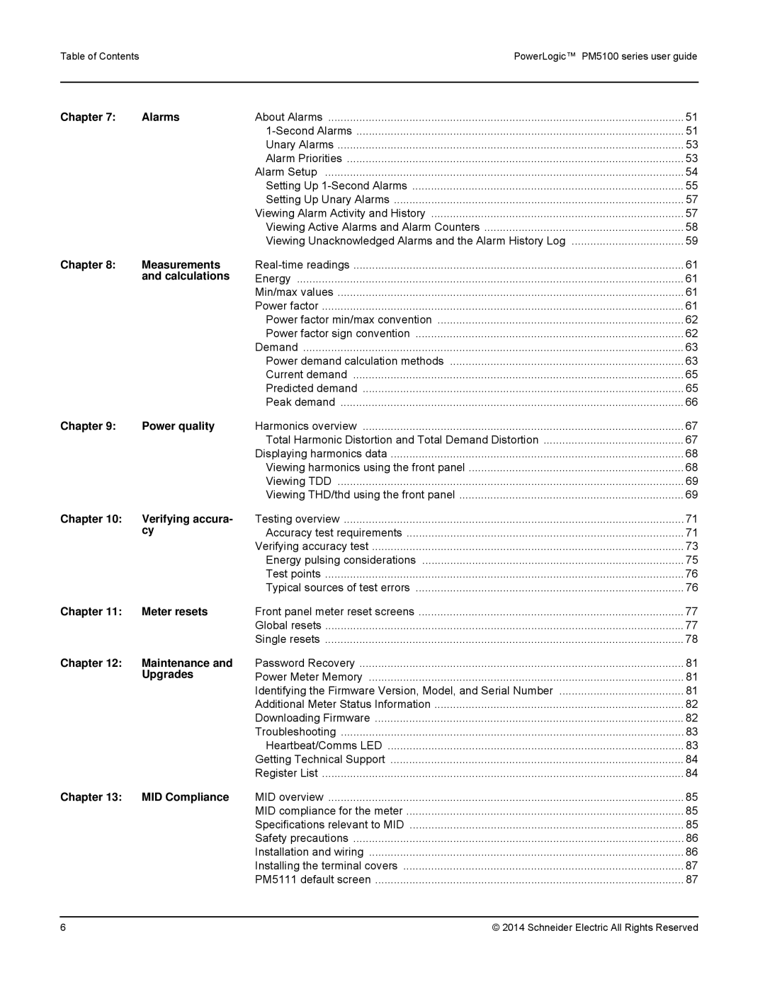 Schneider Electric PM5100 manual Chapter Alarms, Chapter Measurements, Calculations, Chapter MID Compliance 