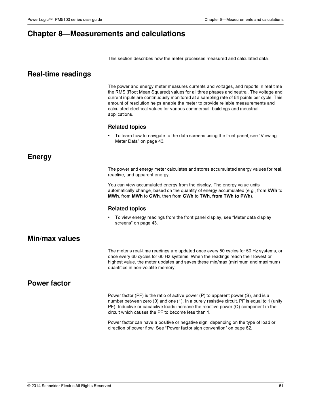 Schneider Electric PM5100 manual Measurements and calculations, Real-time readings, Energy, Min/max values, Power factor 