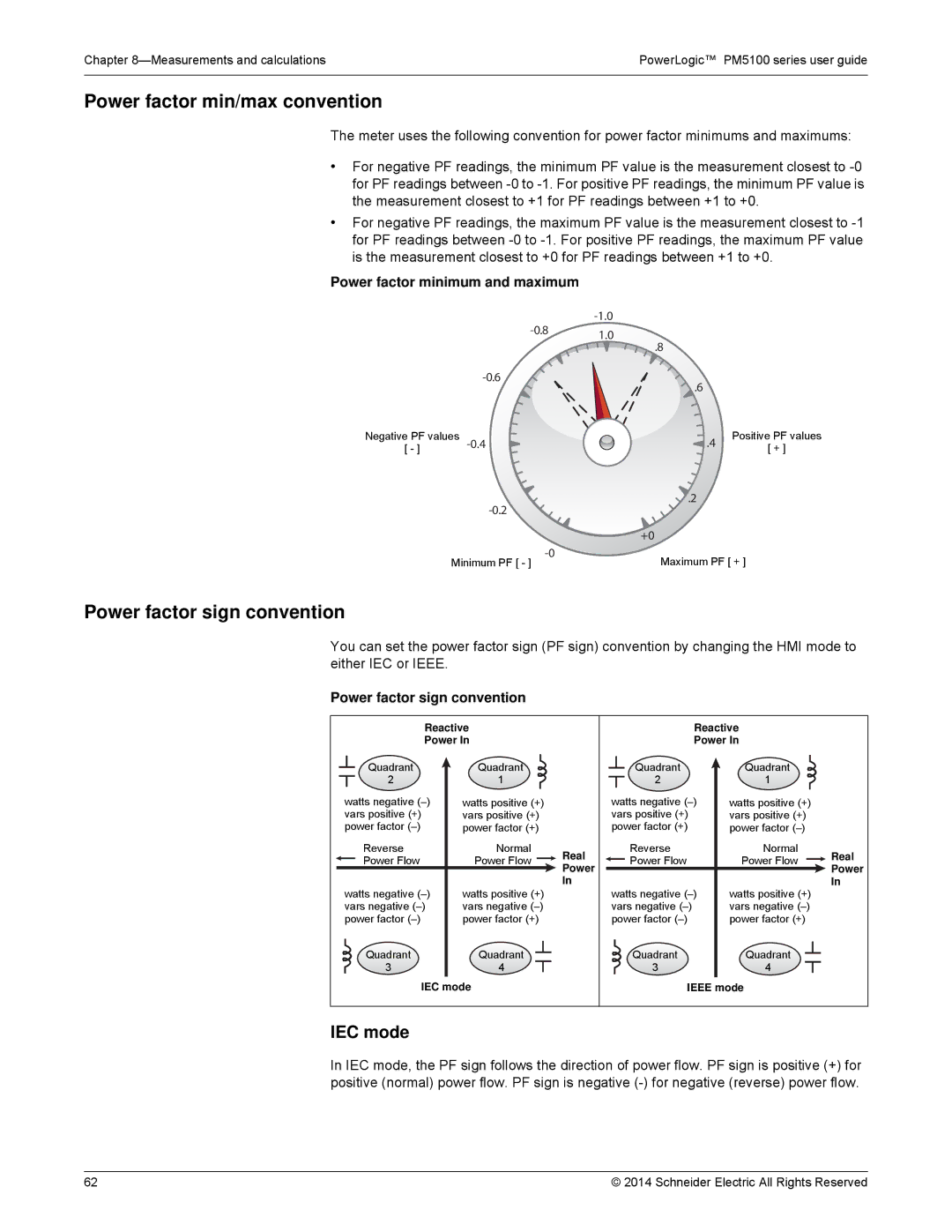 Schneider Electric PM5100 manual Power factor min/max convention, Power factor sign convention, IEC mode 