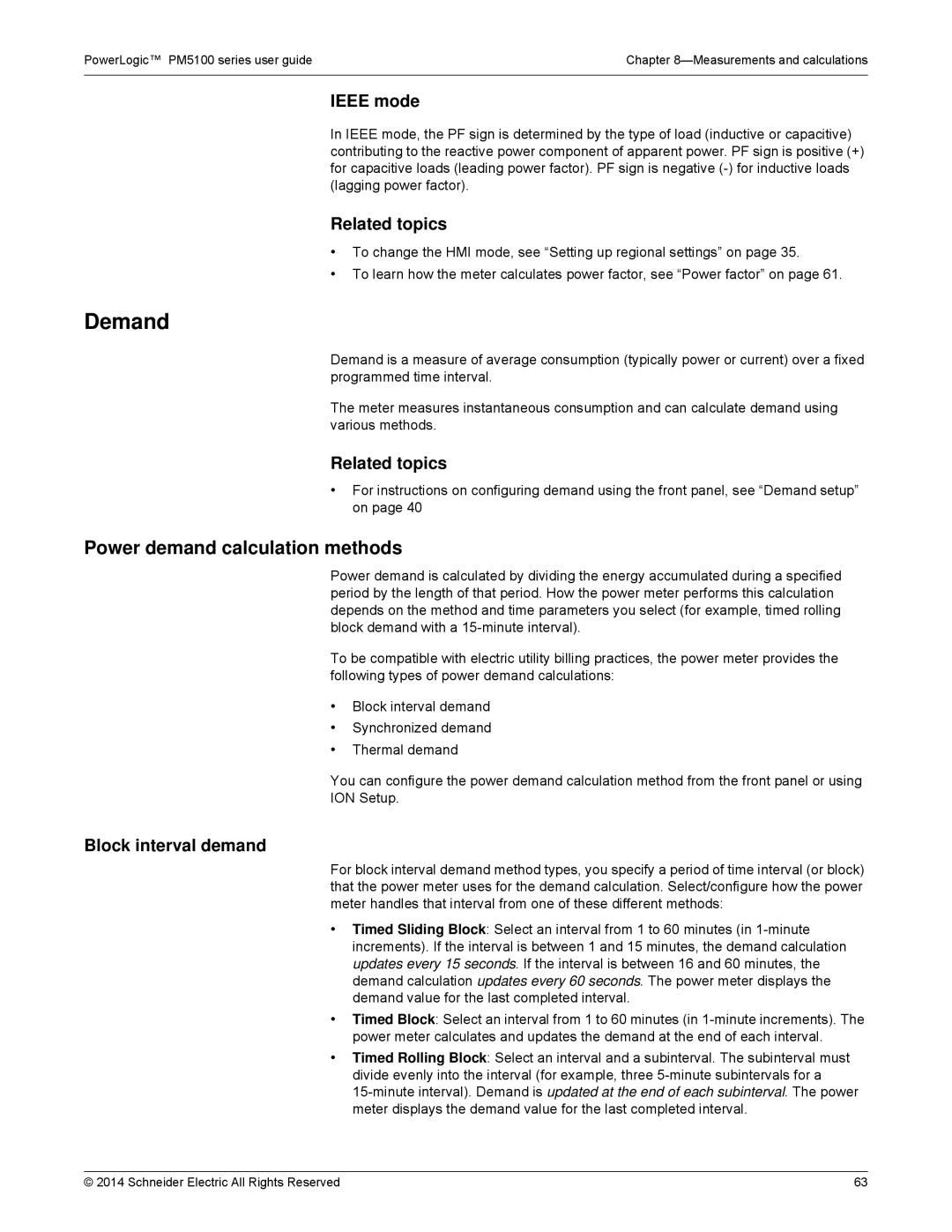 Schneider Electric PM5100 manual Demand, Power demand calculation methods, Ieee mode, Block interval demand 