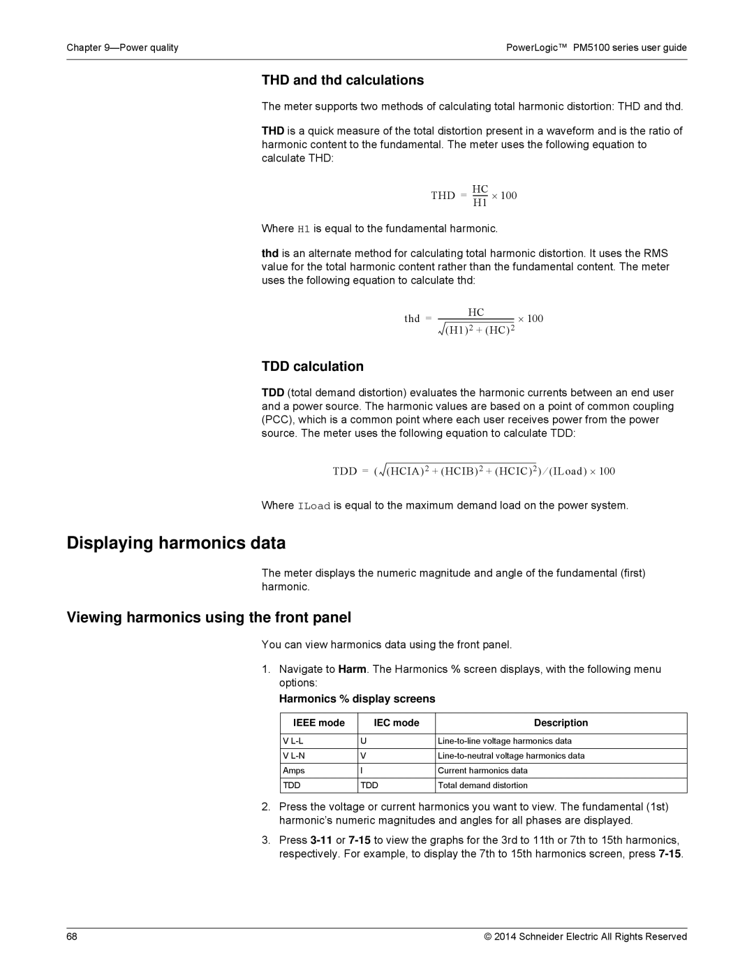 Schneider Electric PM5100 Displaying harmonics data, Viewing harmonics using the front panel, THD and thd calculations 