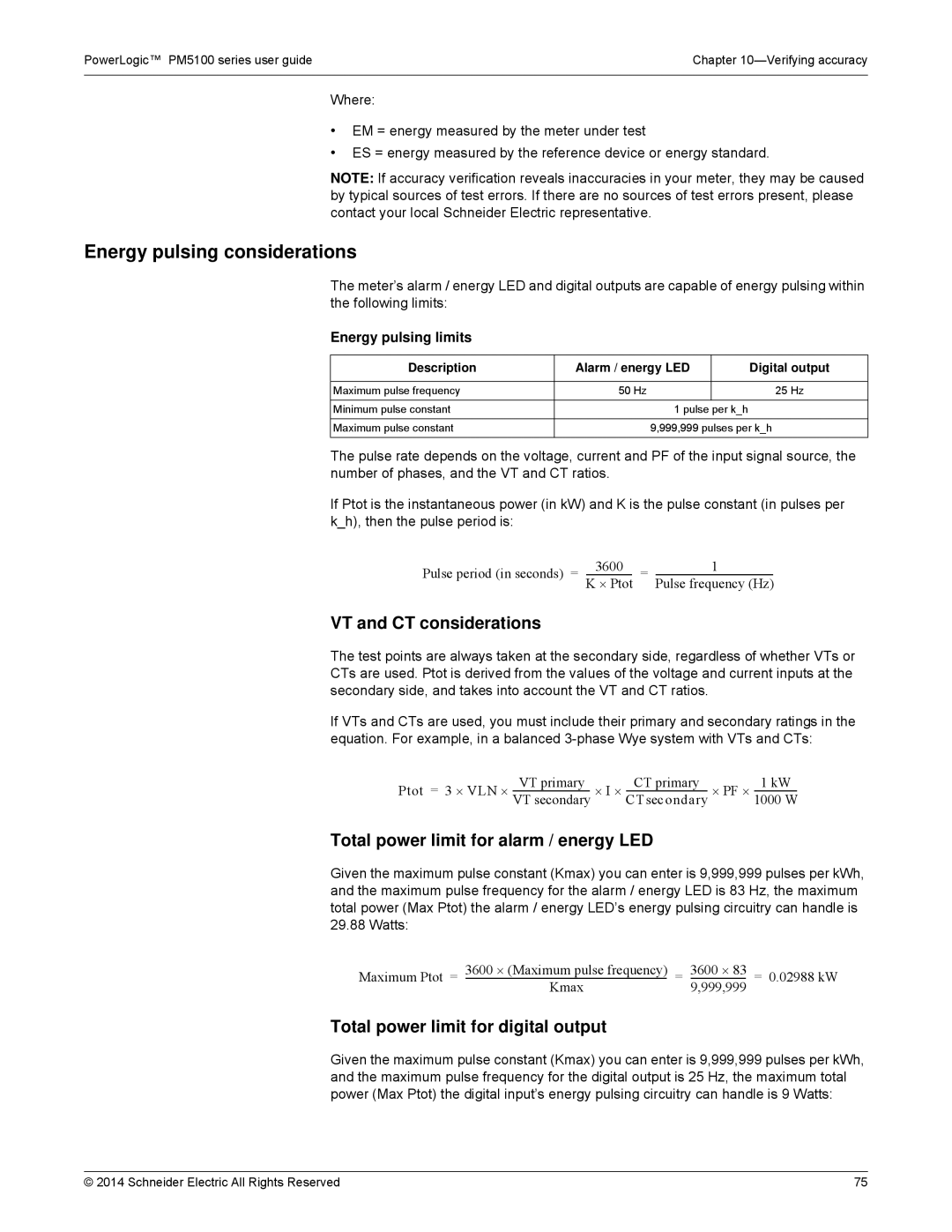 Schneider Electric PM5100 Energy pulsing considerations, VT and CT considerations, Total power limit for digital output 