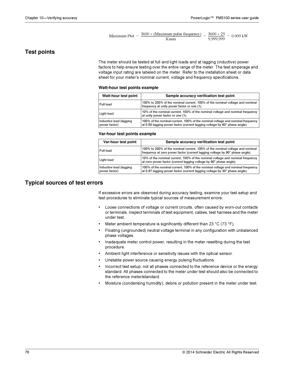 Schneider Electric PM5100 manual Test points, Typical sources of test errors, Watt-hour test points example 