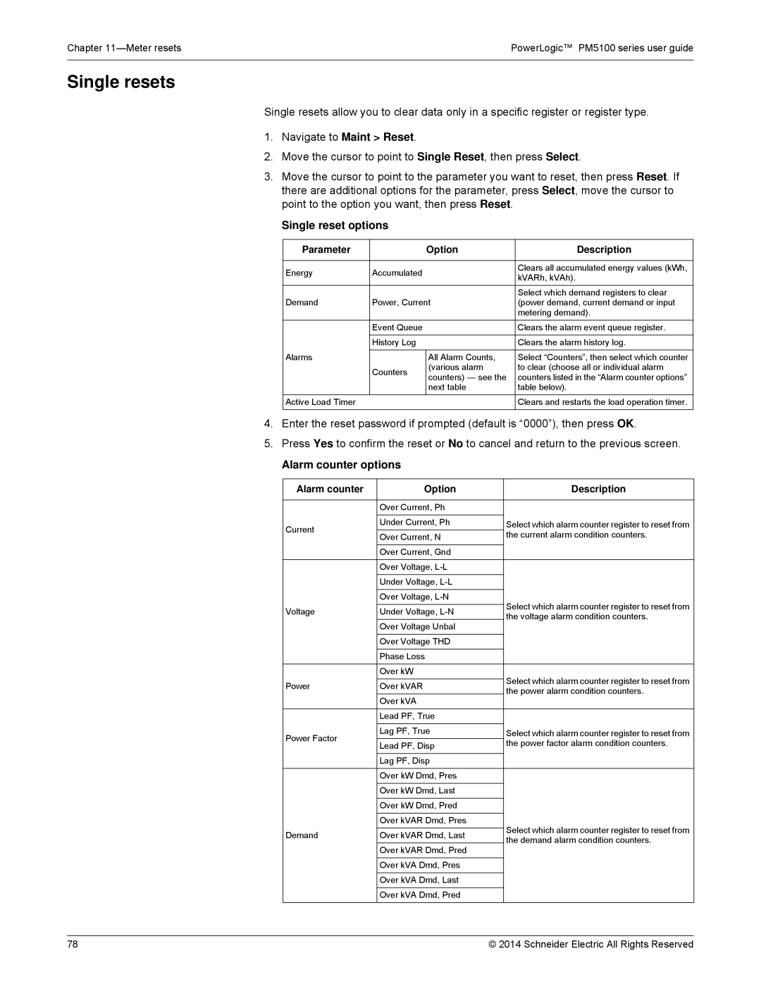 Schneider Electric PM5100 manual Single resets, Single reset options, Alarm counter options, Parameter Option Description 