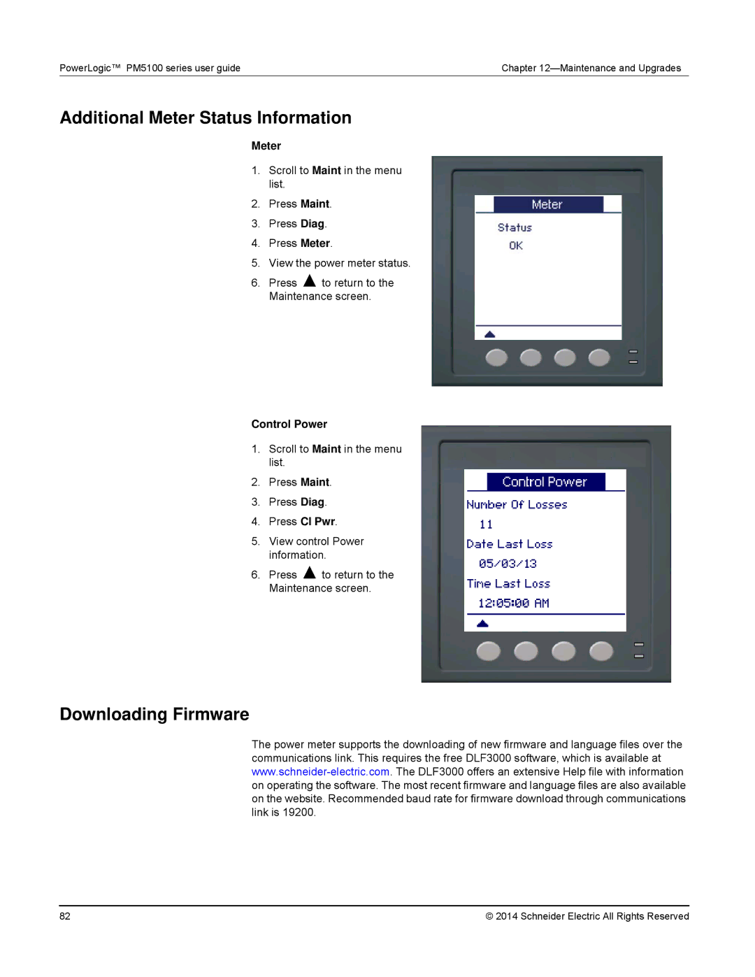 Schneider Electric PM5100 manual Additional Meter Status Information, Downloading Firmware, Control Power 