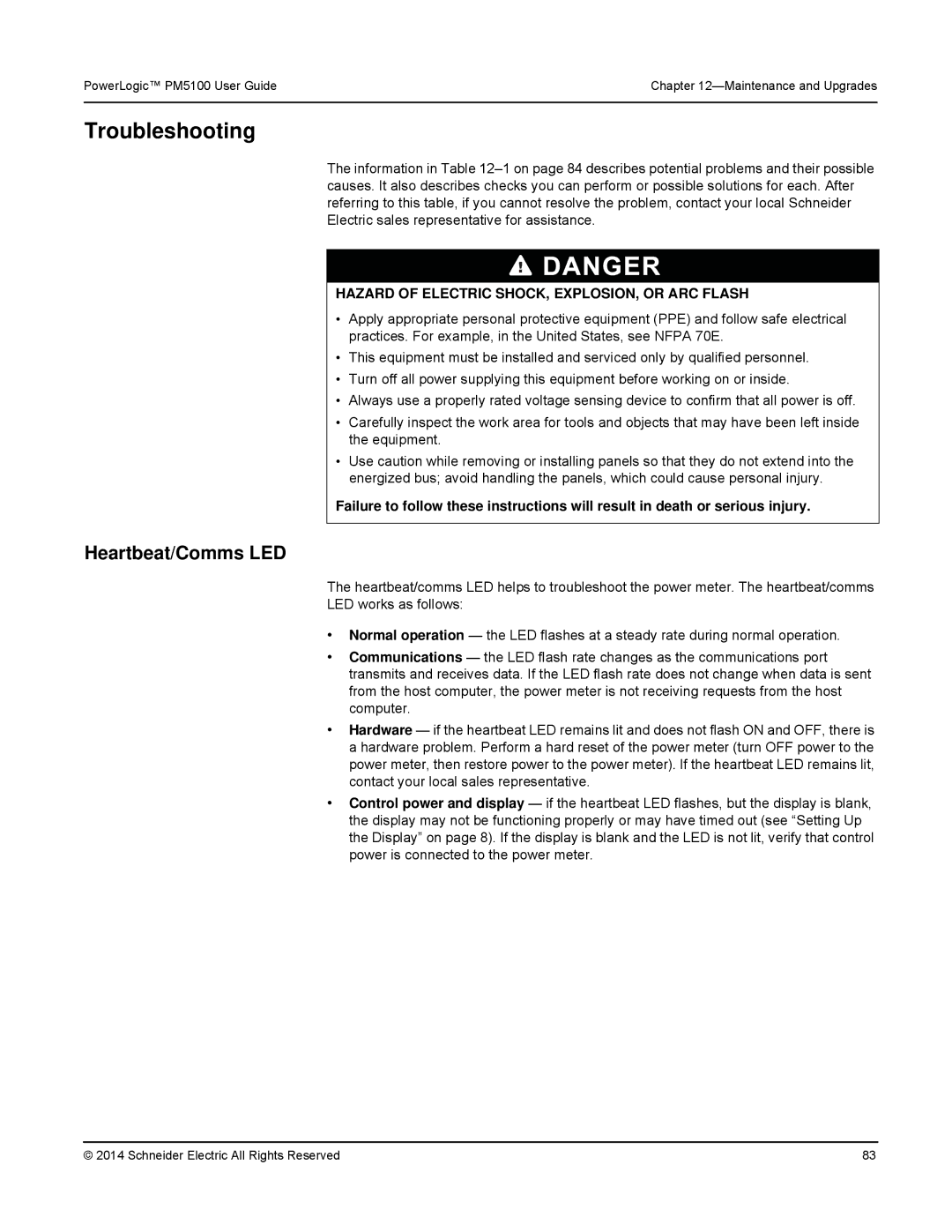 Schneider Electric PM5100 manual Troubleshooting, Heartbeat/Comms LED 