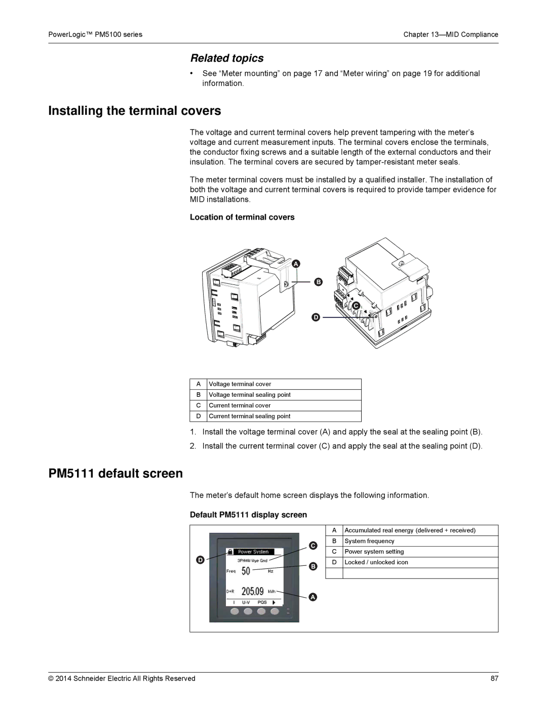 Schneider Electric PM5100 manual Installing the terminal covers, PM5111 default screen, Location of terminal covers 