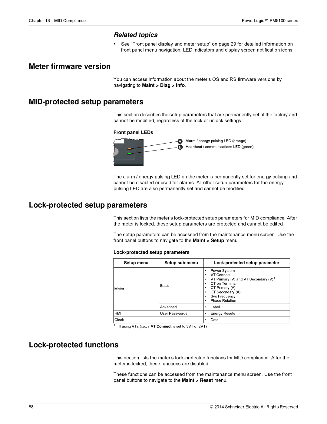 Schneider Electric PM5100 manual Meter firmware version, MID-protected setup parameters, Lock-protected setup parameters 