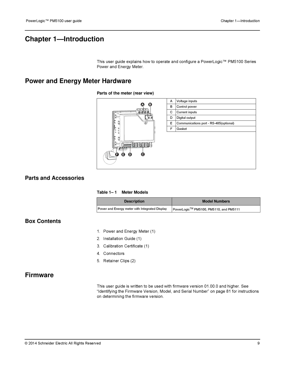 Schneider Electric PM5100 Introduction, Power and Energy Meter Hardware, Firmware, Parts and Accessories, Box Contents 