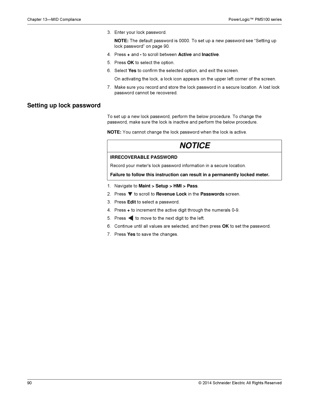 Schneider Electric PM5100 manual Setting up lock password, Irrecoverable Password 