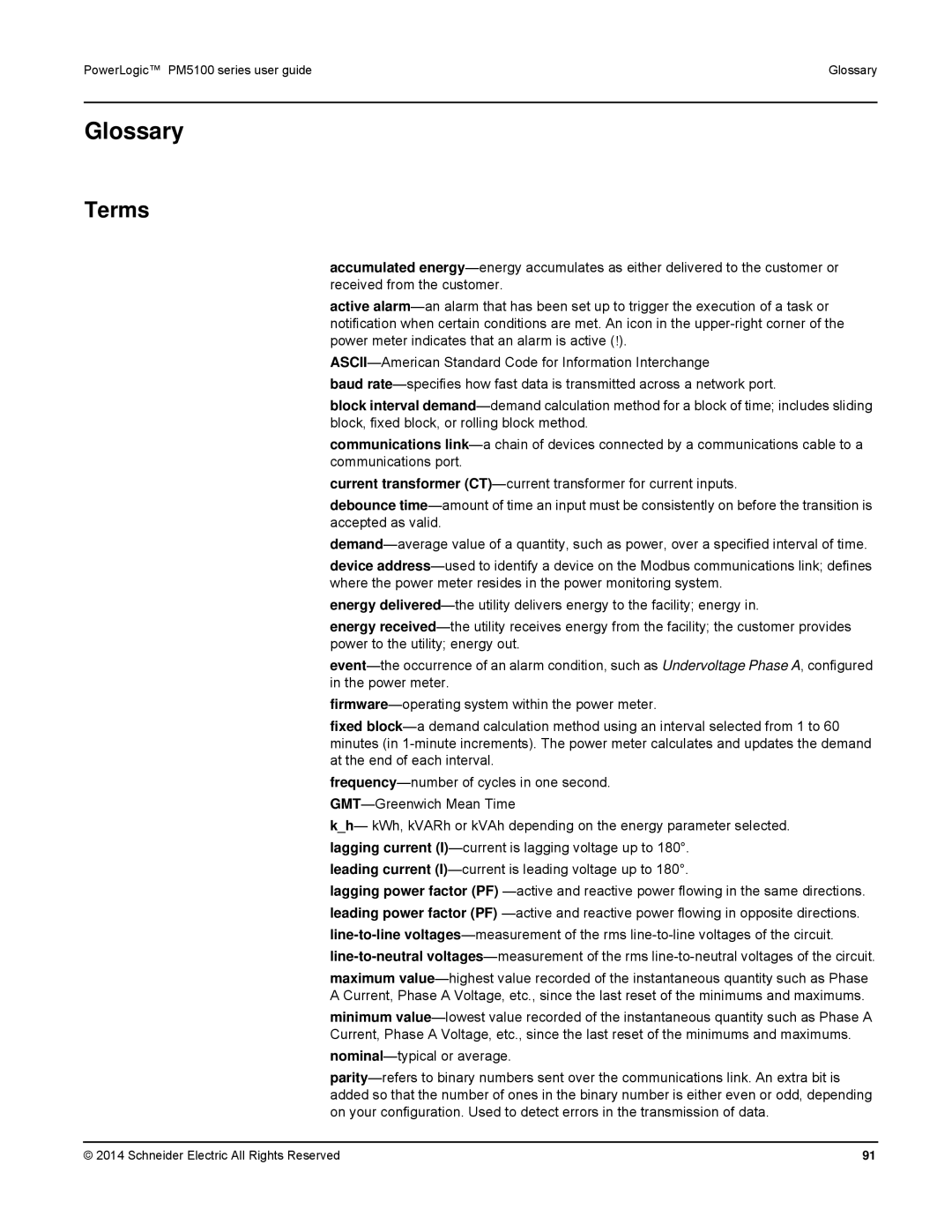 Schneider Electric PM5100 manual Glossary, Terms 