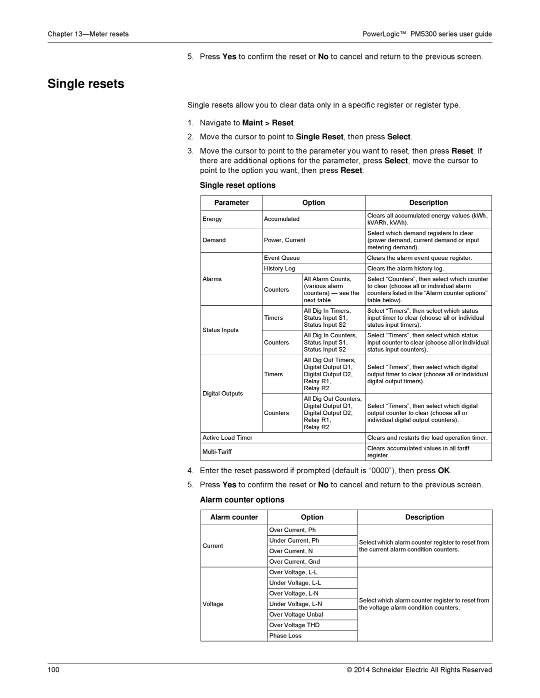 Schneider Electric PM5300 manual Single resets, Single reset options, Alarm counter options, Parameter Option Description 