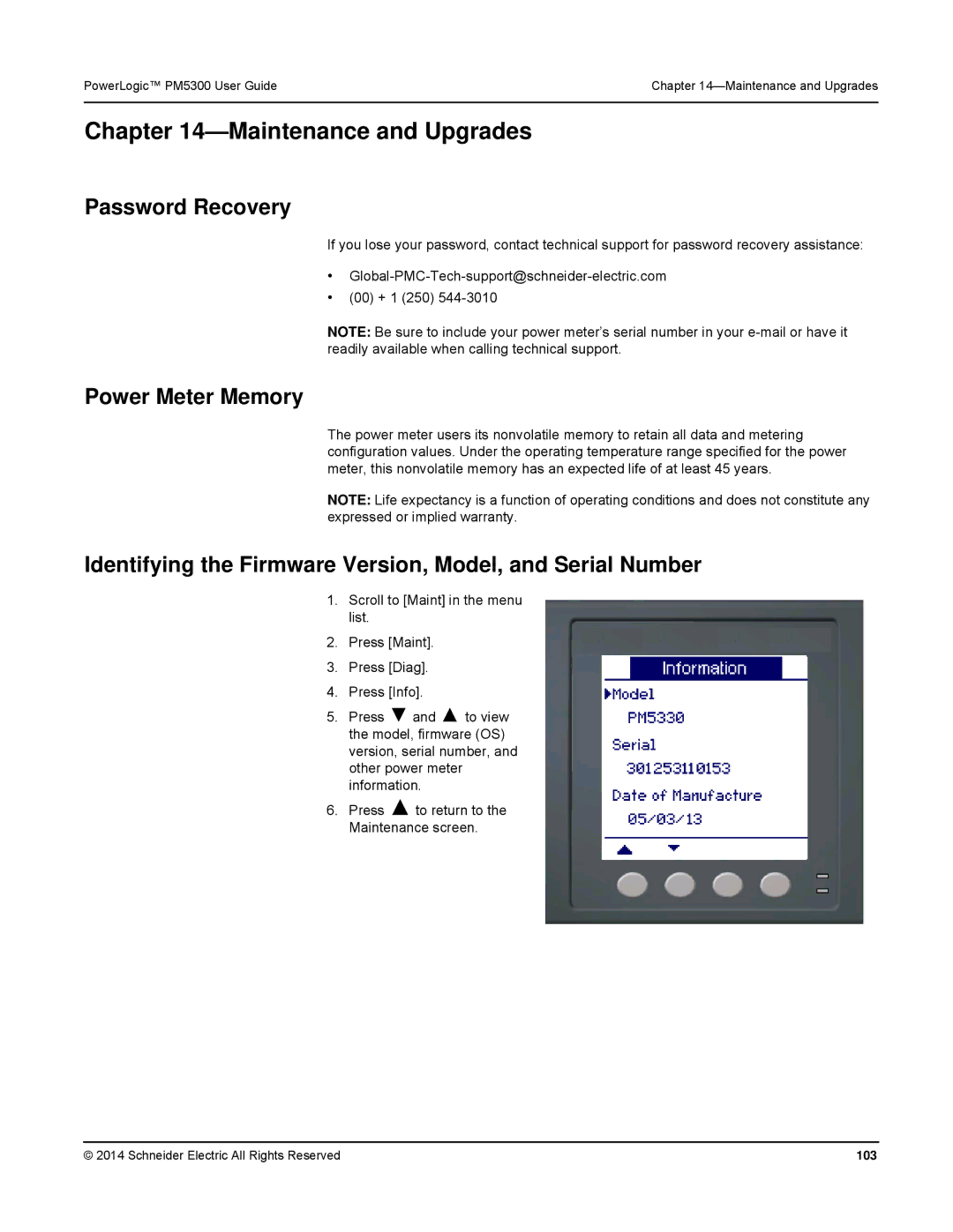 Schneider Electric PM5300 manual Maintenance and Upgrades, Password Recovery, Power Meter Memory, 103 