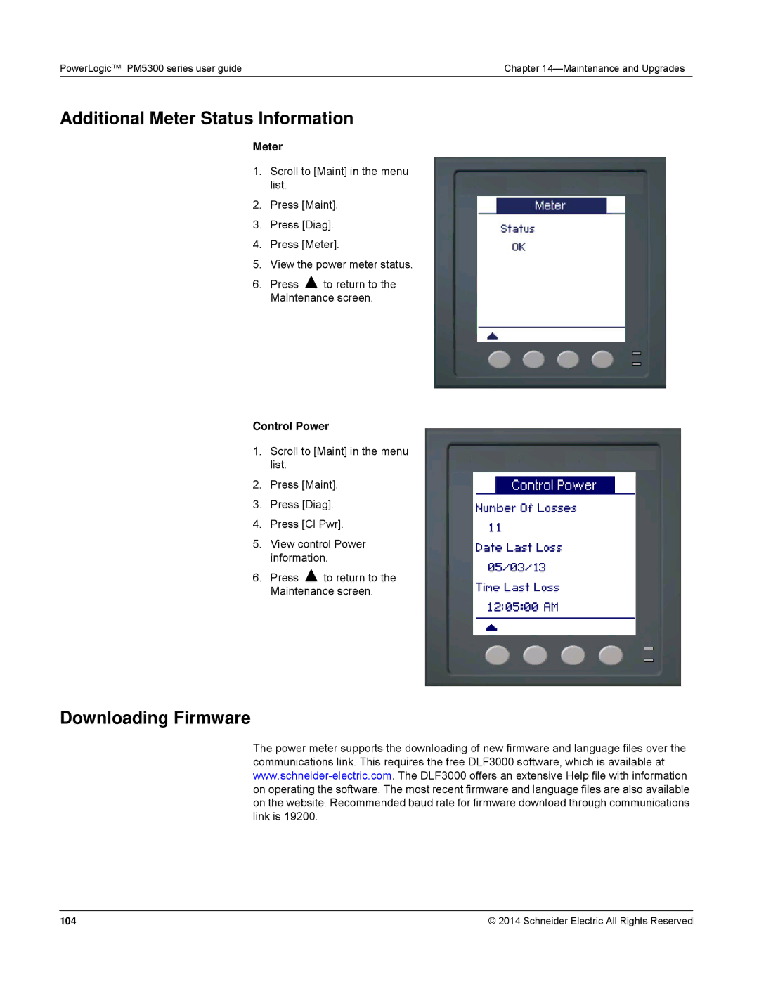 Schneider Electric PM5300 manual Additional Meter Status Information, Downloading Firmware, Control Power, 104 