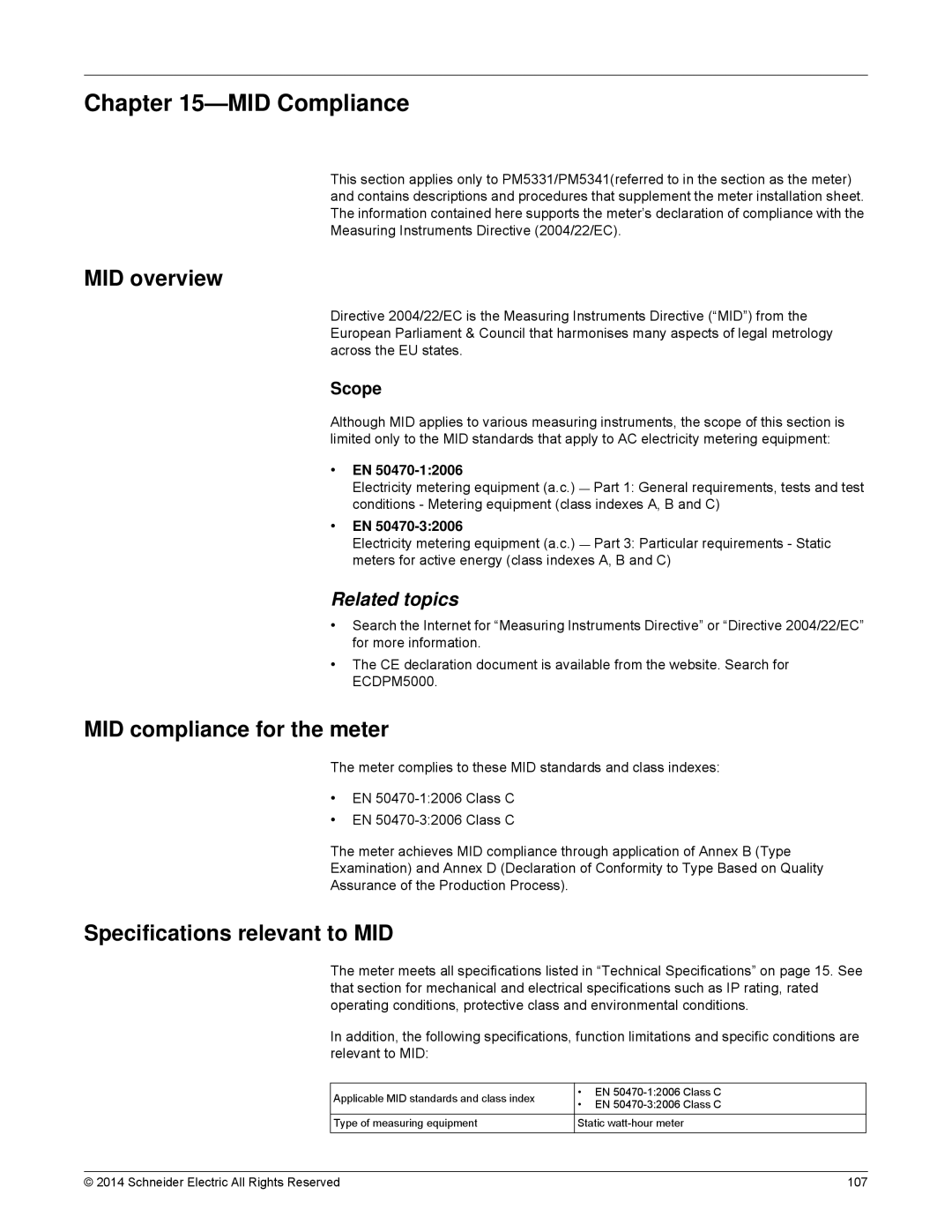 Schneider Electric PM5300 manual MID Compliance, MID overview, MID compliance for the meter, Specifications relevant to MID 