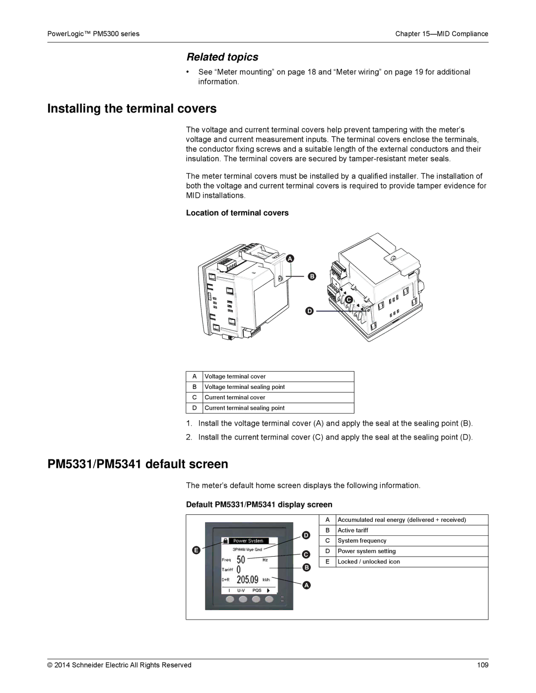 Schneider Electric PM5300 manual Installing the terminal covers, PM5331/PM5341 default screen, Location of terminal covers 